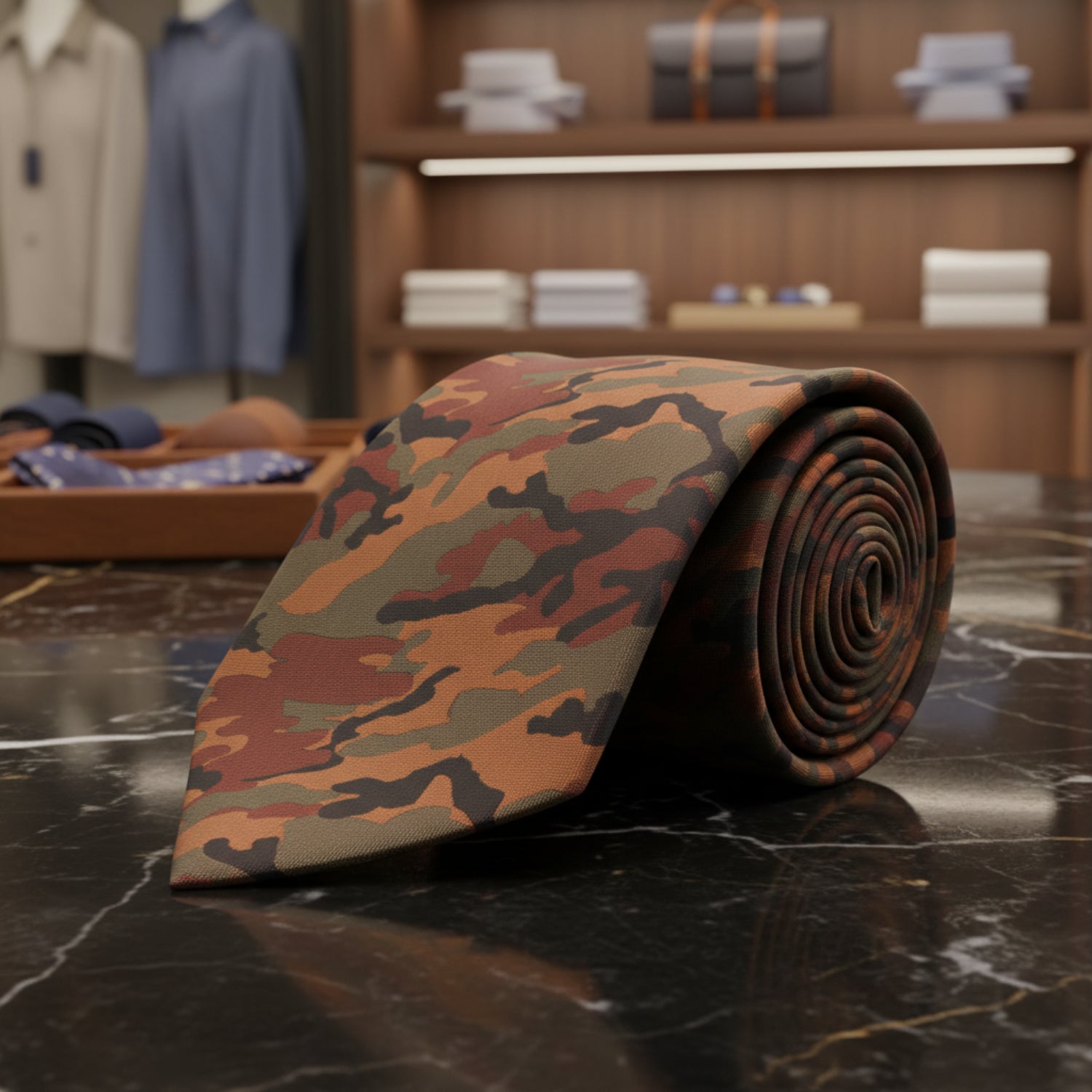 A rolled necktie featuring a classic woodland camouflage pattern in brown, olive green, black, and rust orange, displayed on a clean white background.