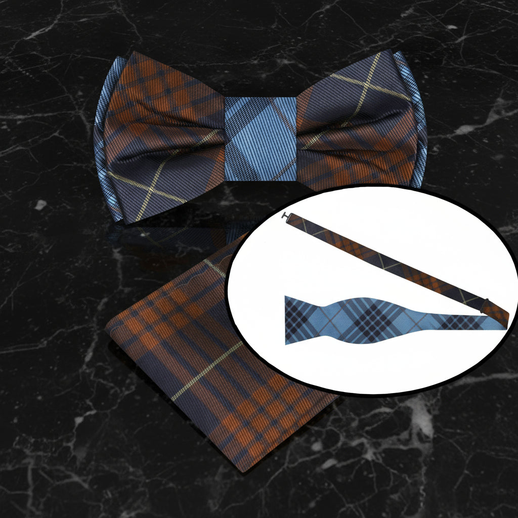 View 2: Brown, Blue Plaid Bow Tie with Square