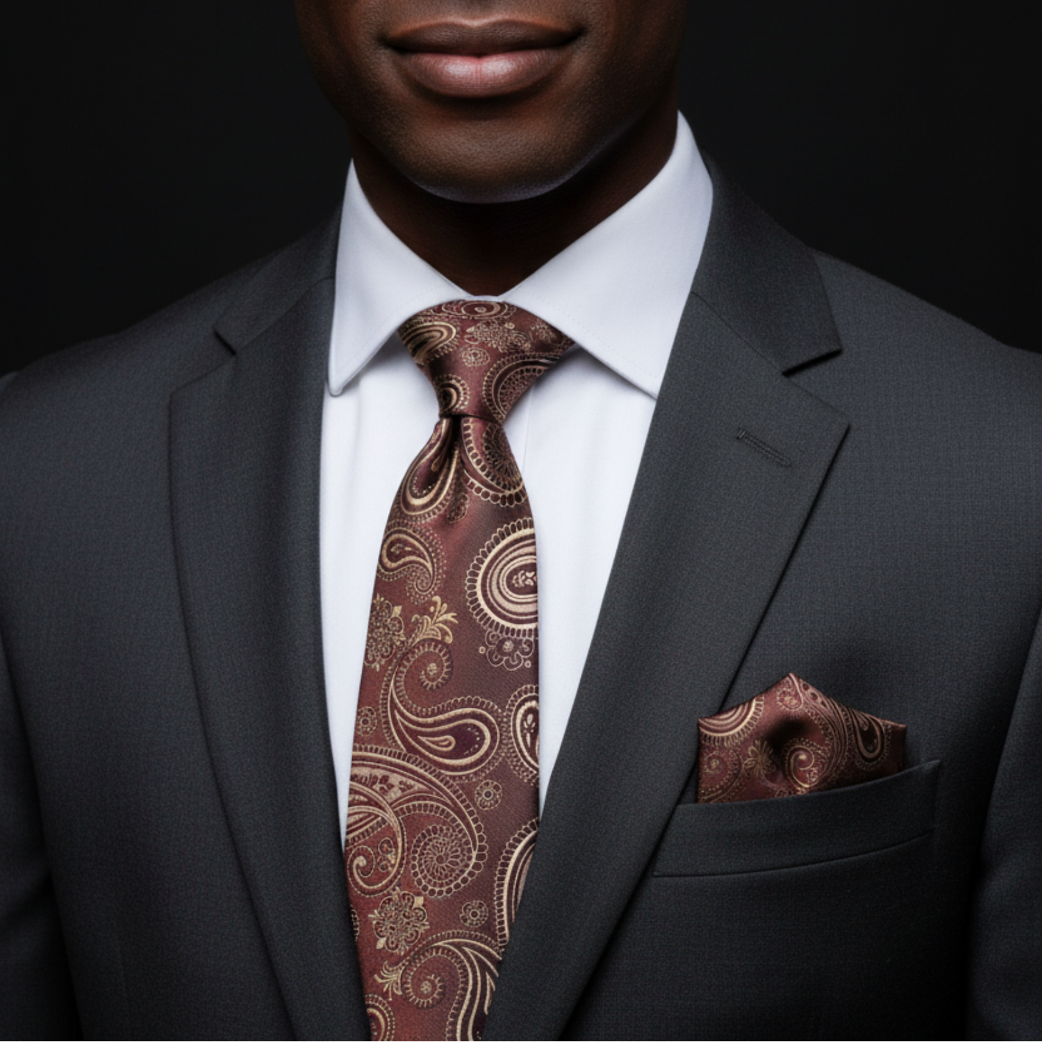 Man wearing a dark suit with a patterned tie and pocket square against a black background