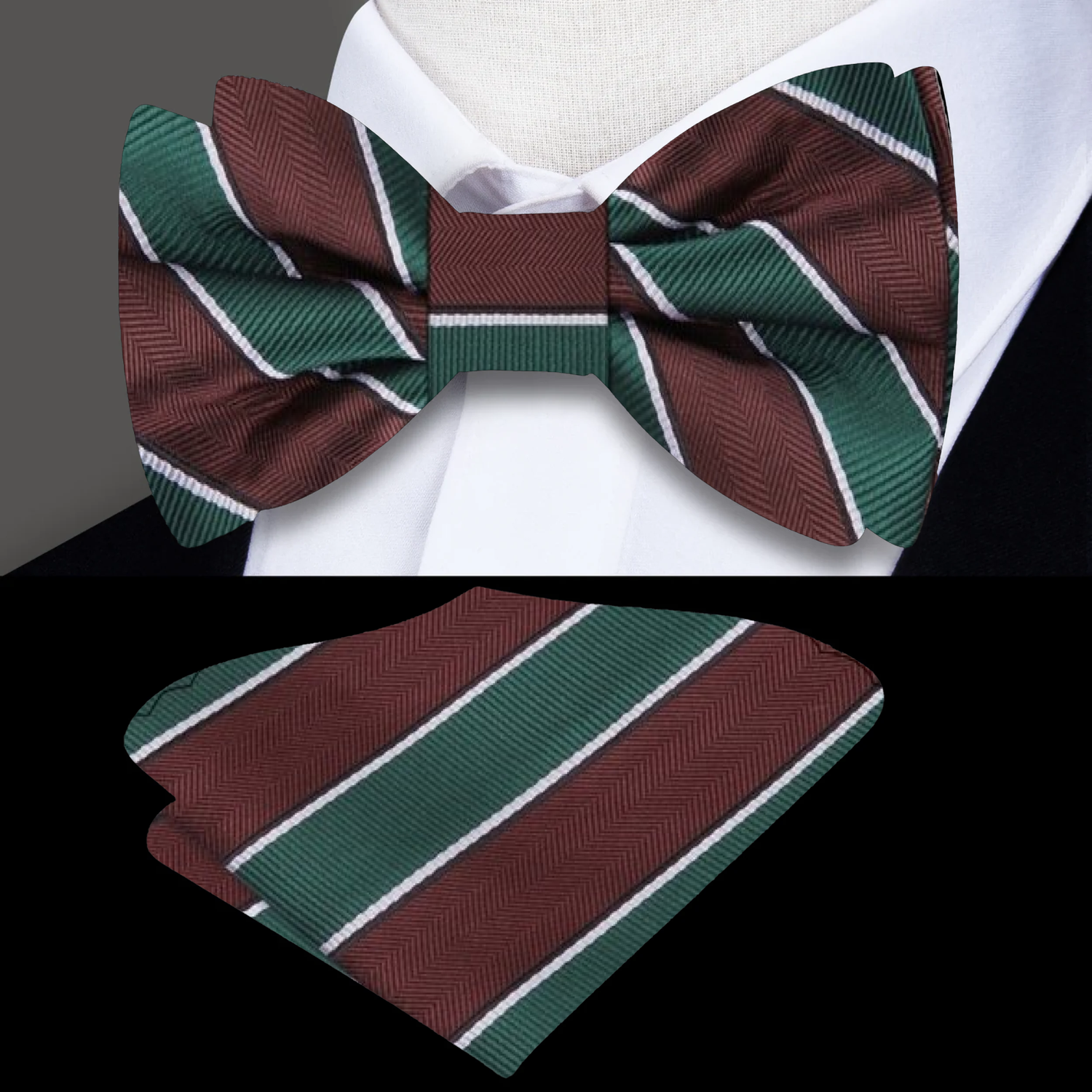Brown/Green Stripe Bow Tie and Square