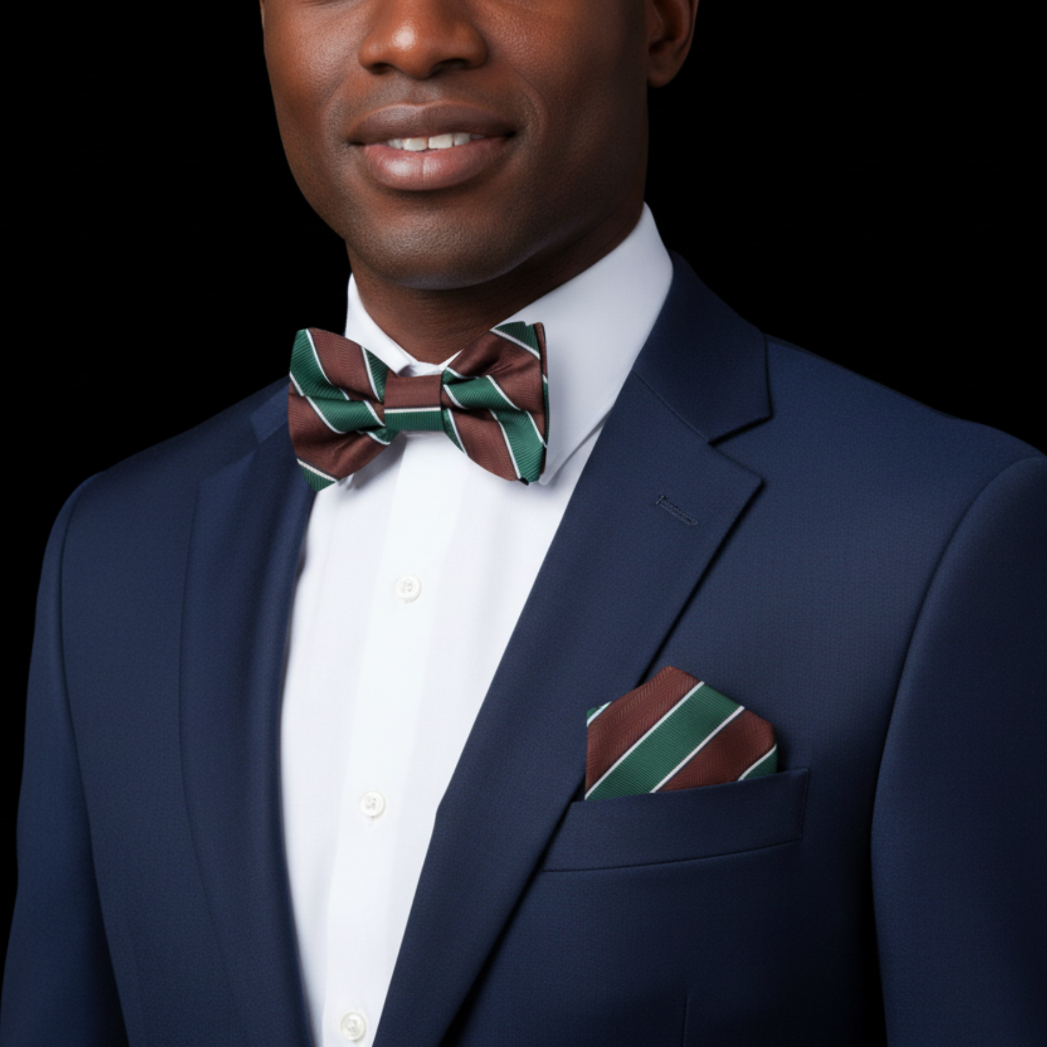 Man wearing brown and green stripe bow tie and matching square