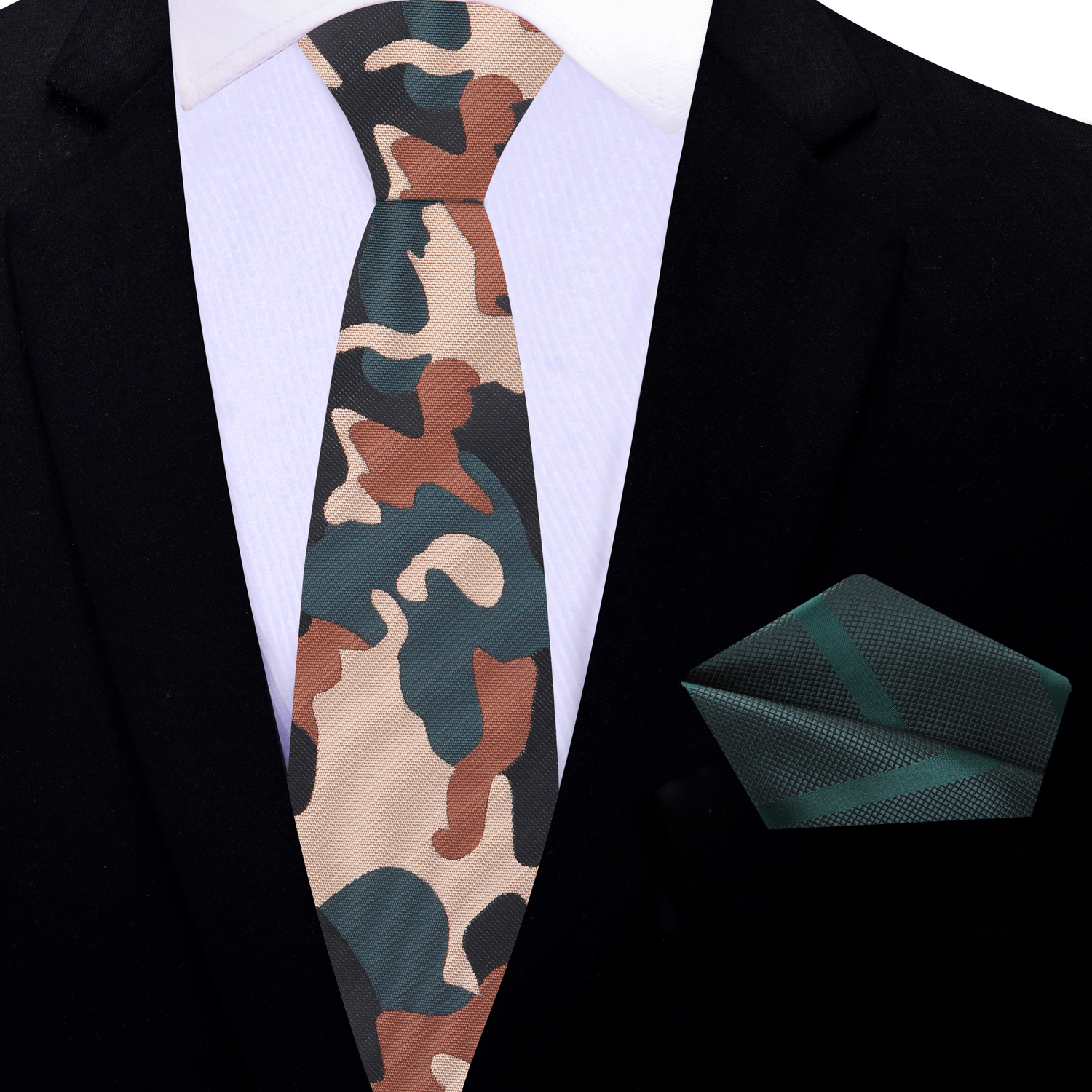 Thin Tie Brown, Black, Green Camouflage Necktie and Dark Green Necktie