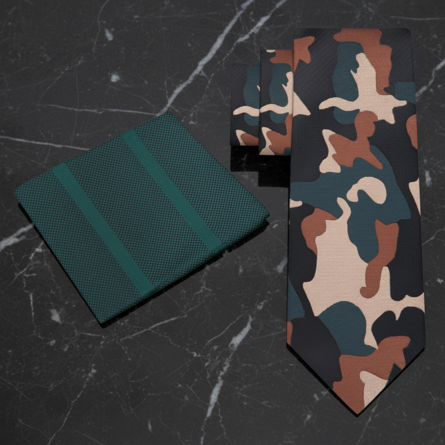 Alt View: Brown, Black, Green Camouflage Necktie and Dark Green Necktie