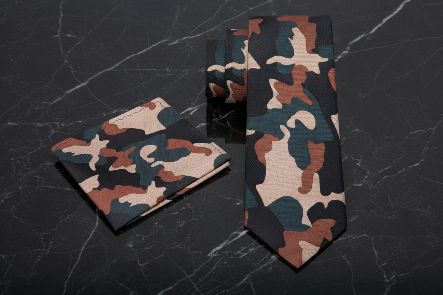 Alt View: Brown, Black, Green Camouflage Necktie and Matching Square