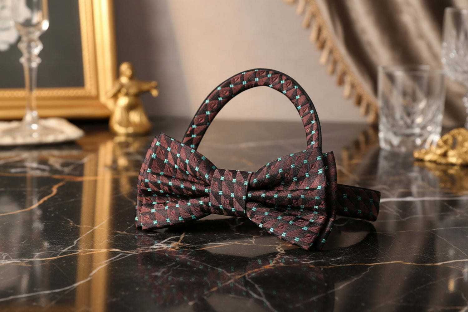 Brown Mint Geometric Bow Tie Pre Tied