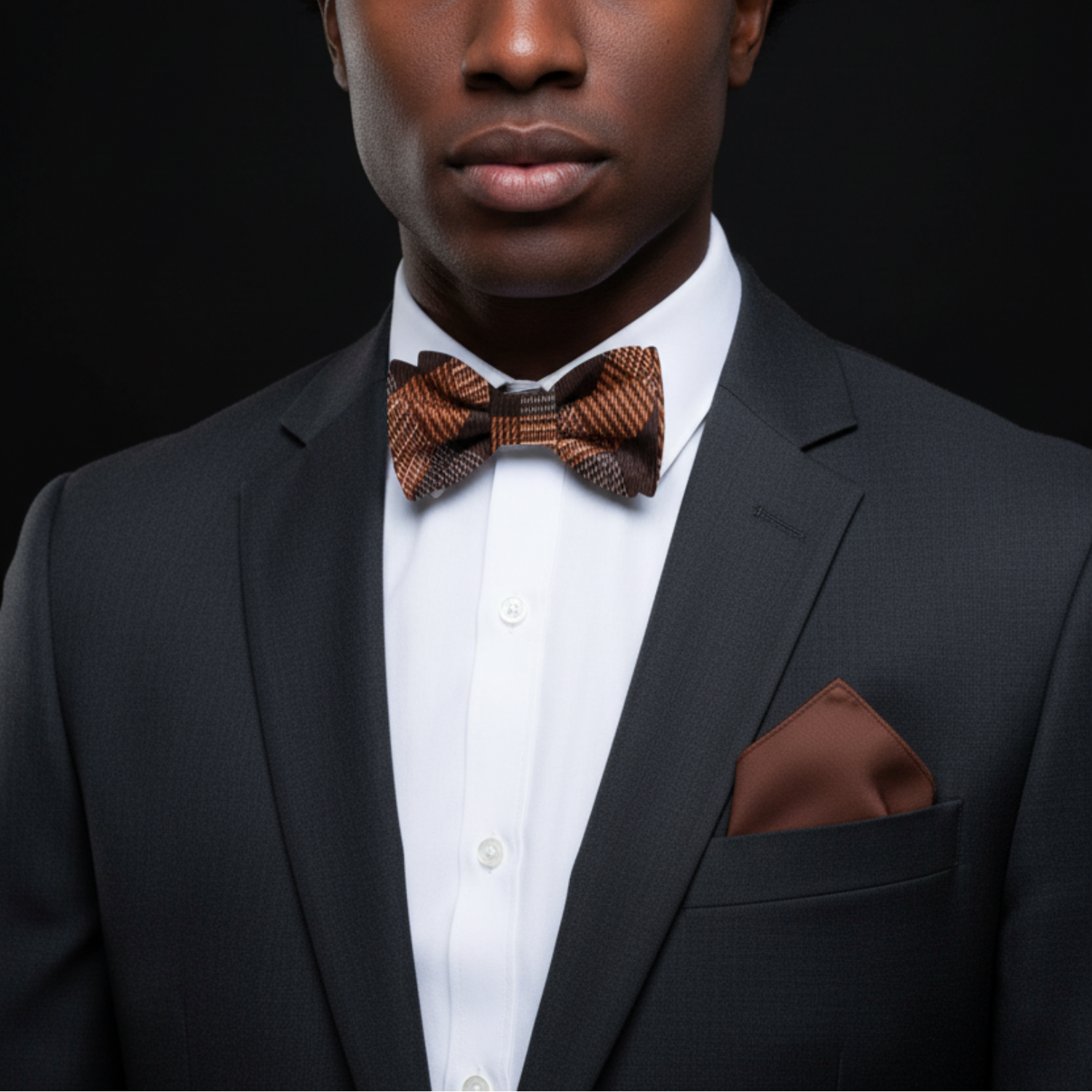 Main: Brown and Orange Plaid Bow Tie and Brown Square on man