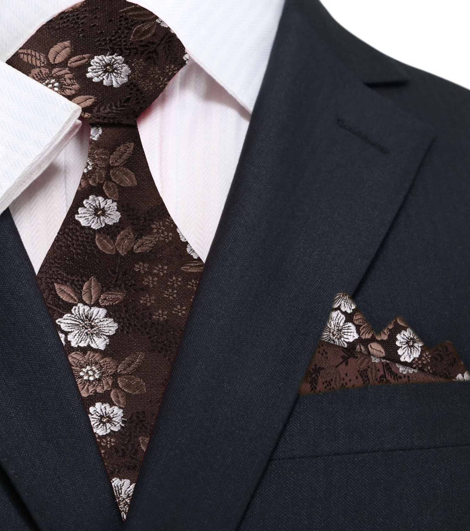 Brown, White Floral Necktie and Square
