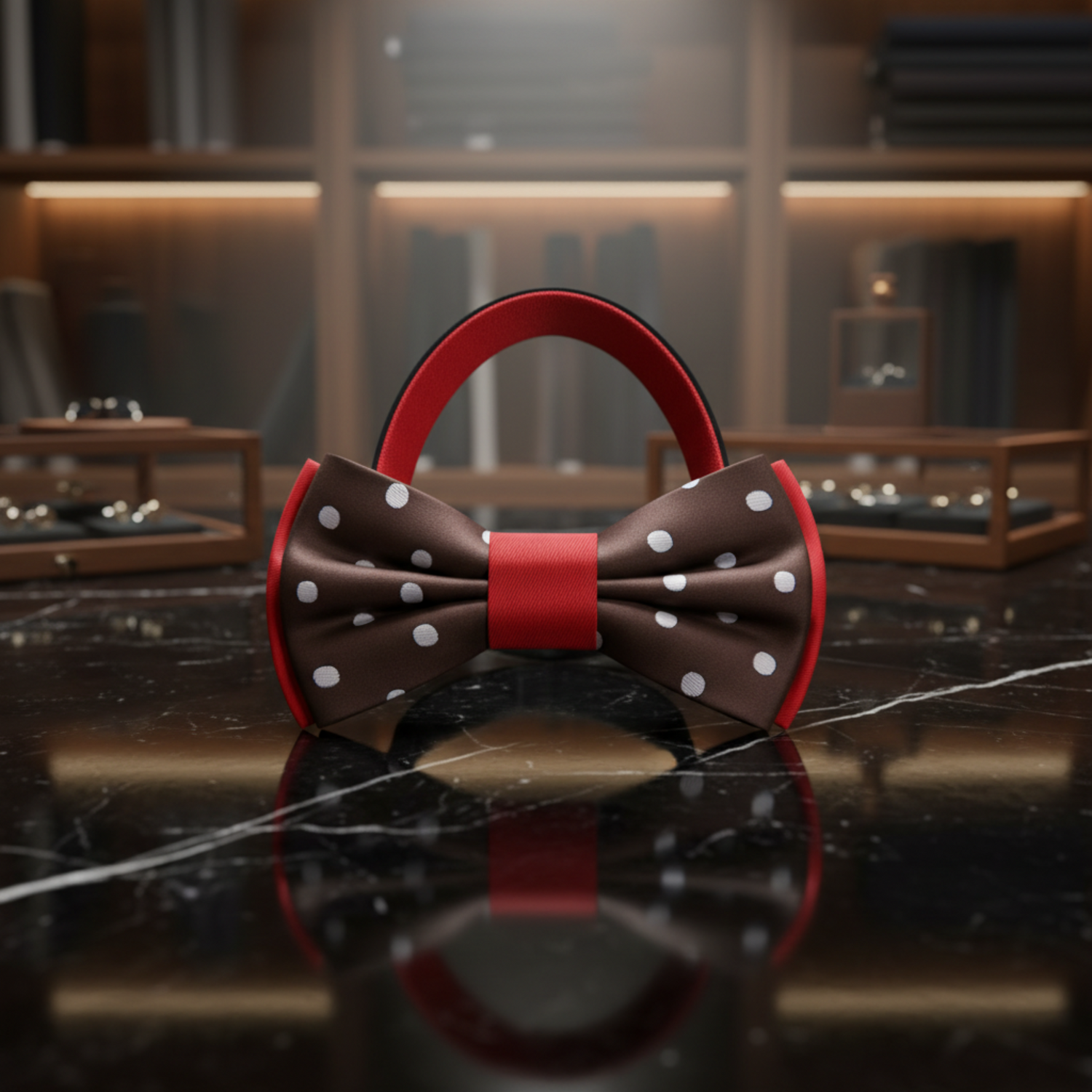 Brown, White, Red Polka Bow Tie Pre Tied