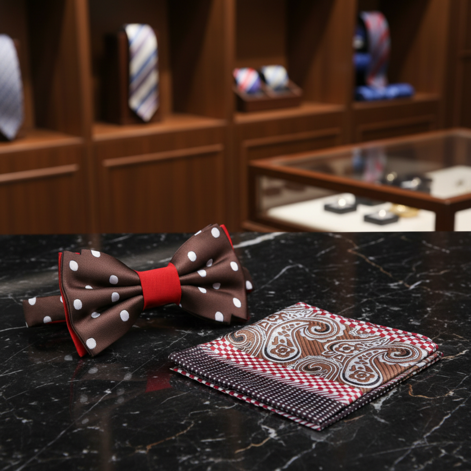 Brown, White, Red Polka Bow Tie and Accenting Square