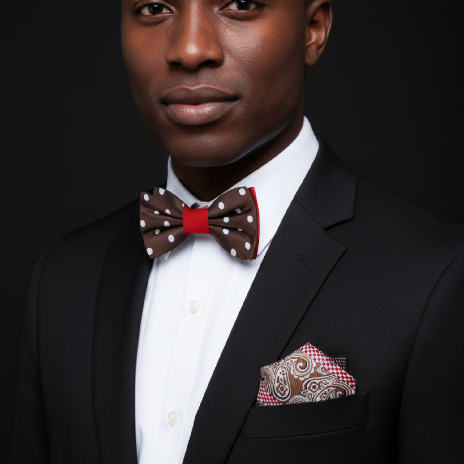 Brown and White with Red Dots Bow Tie and Accenting Square on Man