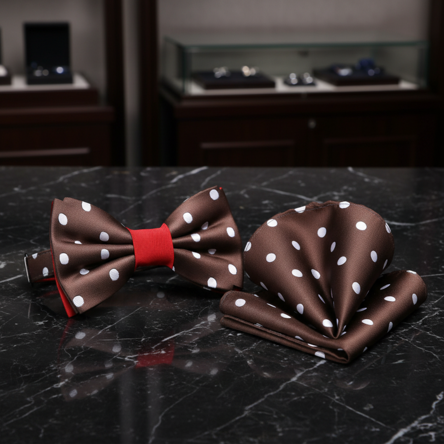 Brown, White, Red Polka Bow Tie and Square