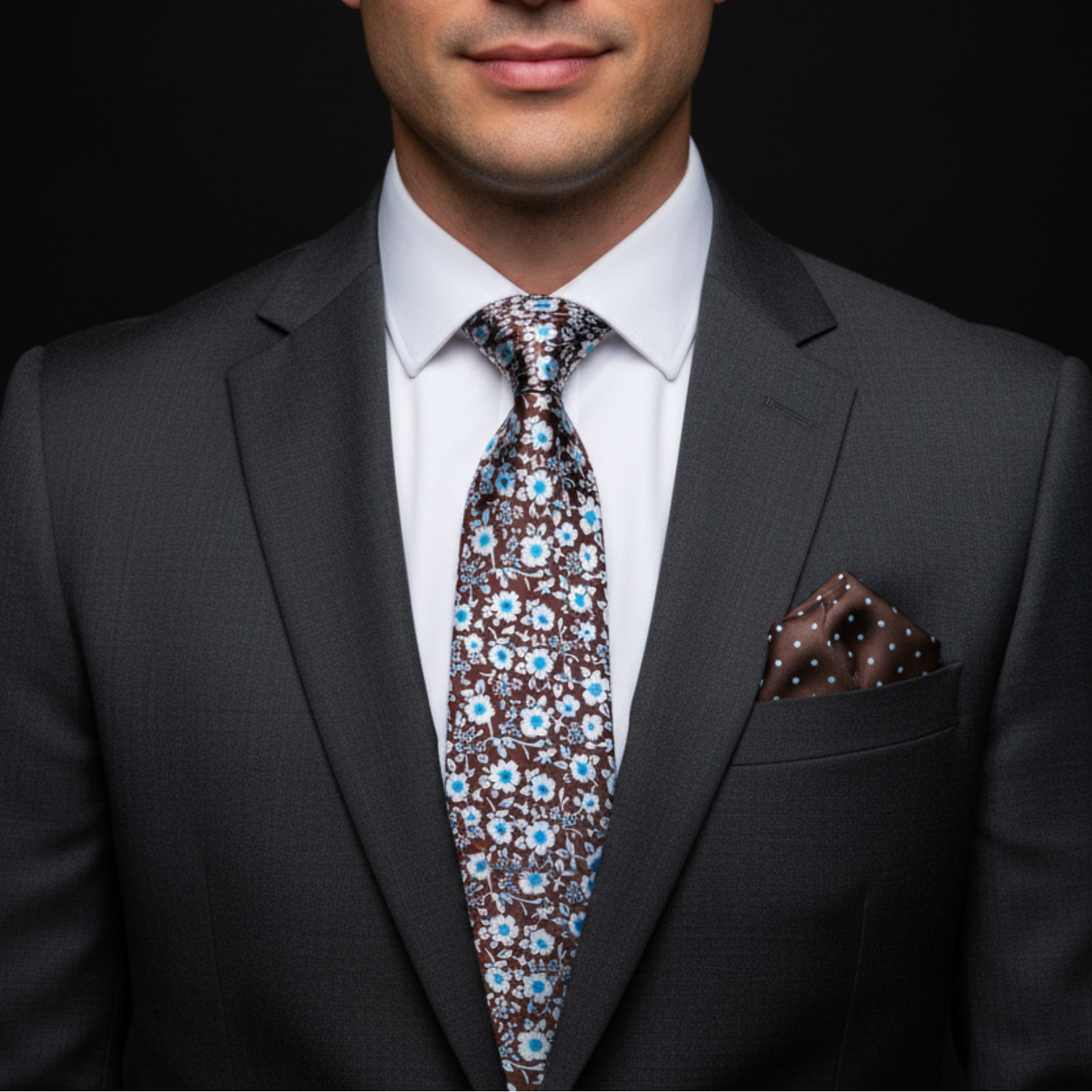Man wearing a gray suit with a patterned tie and pocket square on a black background