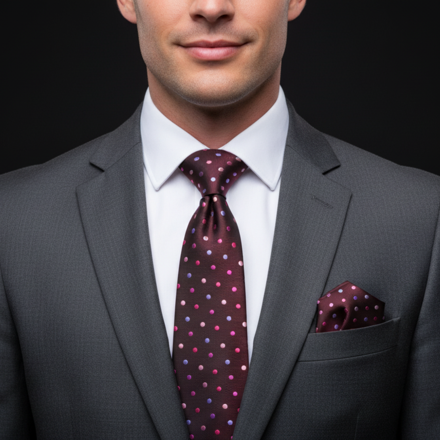 Man wearing a gray suit with a polka dot tie and pocket square on a black background