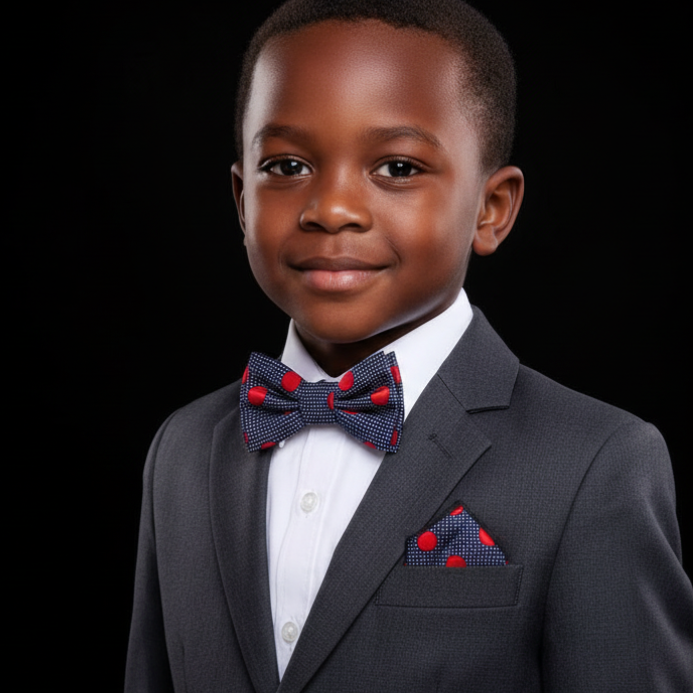 boy wearing A Dark Blue, Red Color Polka Dot Pattern Kids Pre-Tied Bow Tie, Matching Pocket Square
