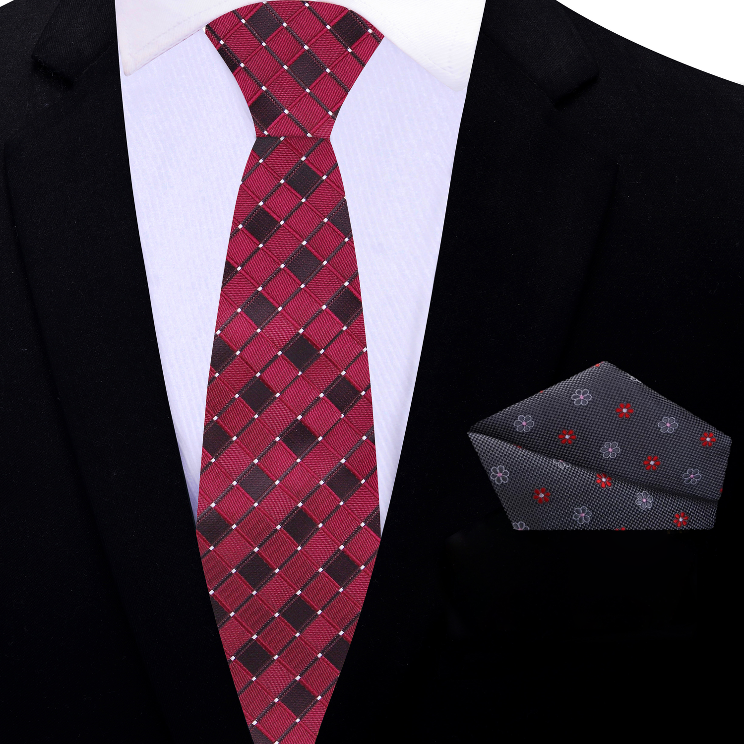 Thin Burgundy Geometric Necktie and Accenting Square