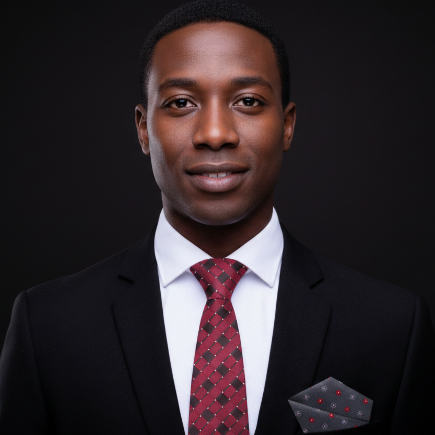 Man wearing a black suit with a red patterned tie against a dark background