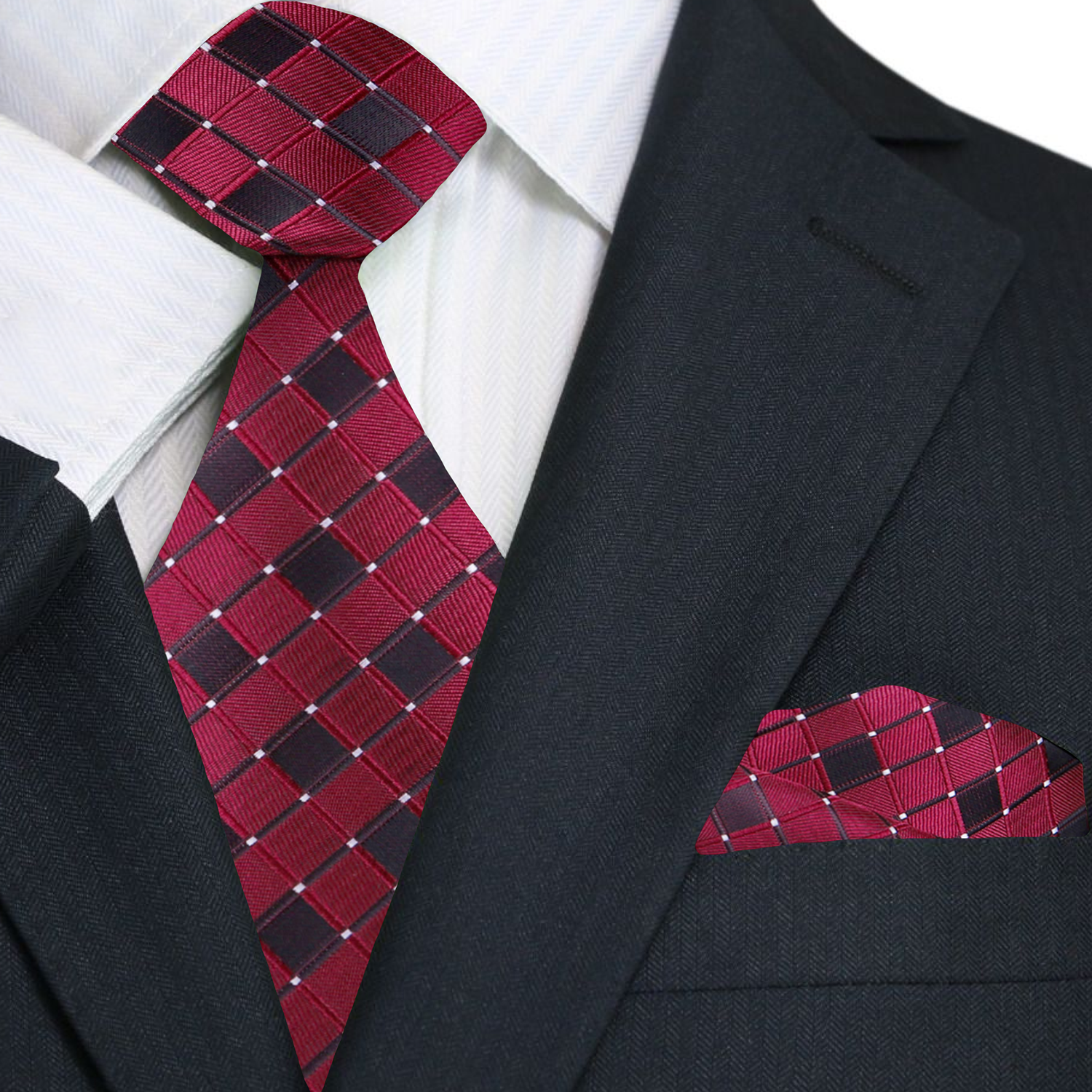 A Burgundy, Dark Burgundy Geometric Pattern Silk Necktie With Matching Pocket Square||Burgundy