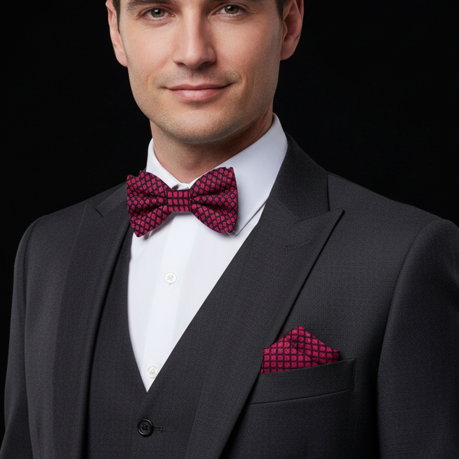 Man wearing a black suit with a red patterned bow tie and pocket square on a black background