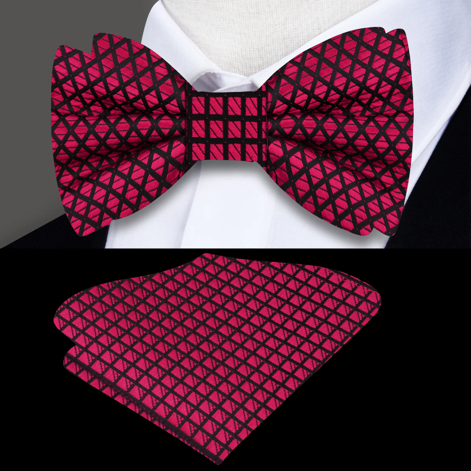 Red Check Bow tie and Pocket Square||Red, Black