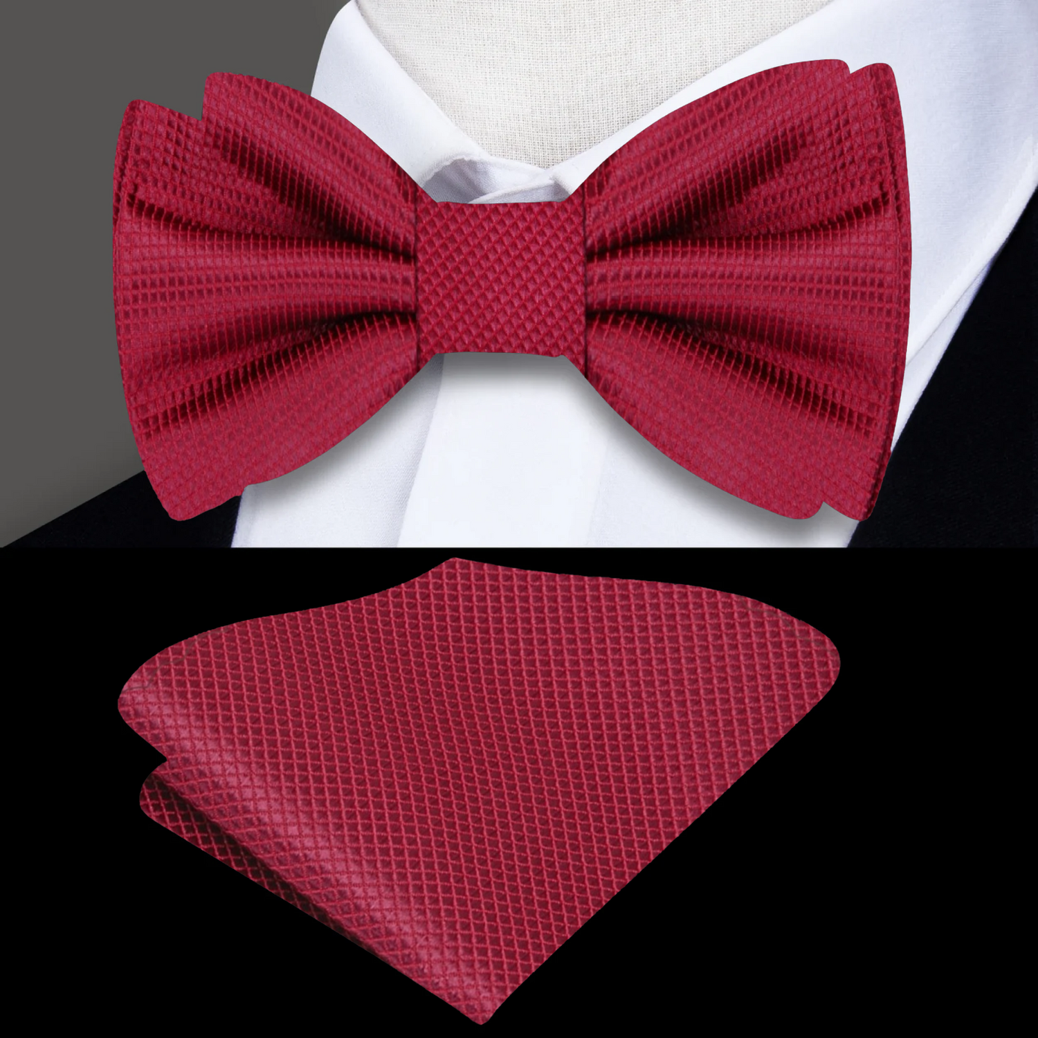 Main: Burgundy Blocks Bow Tie and Pocket Square