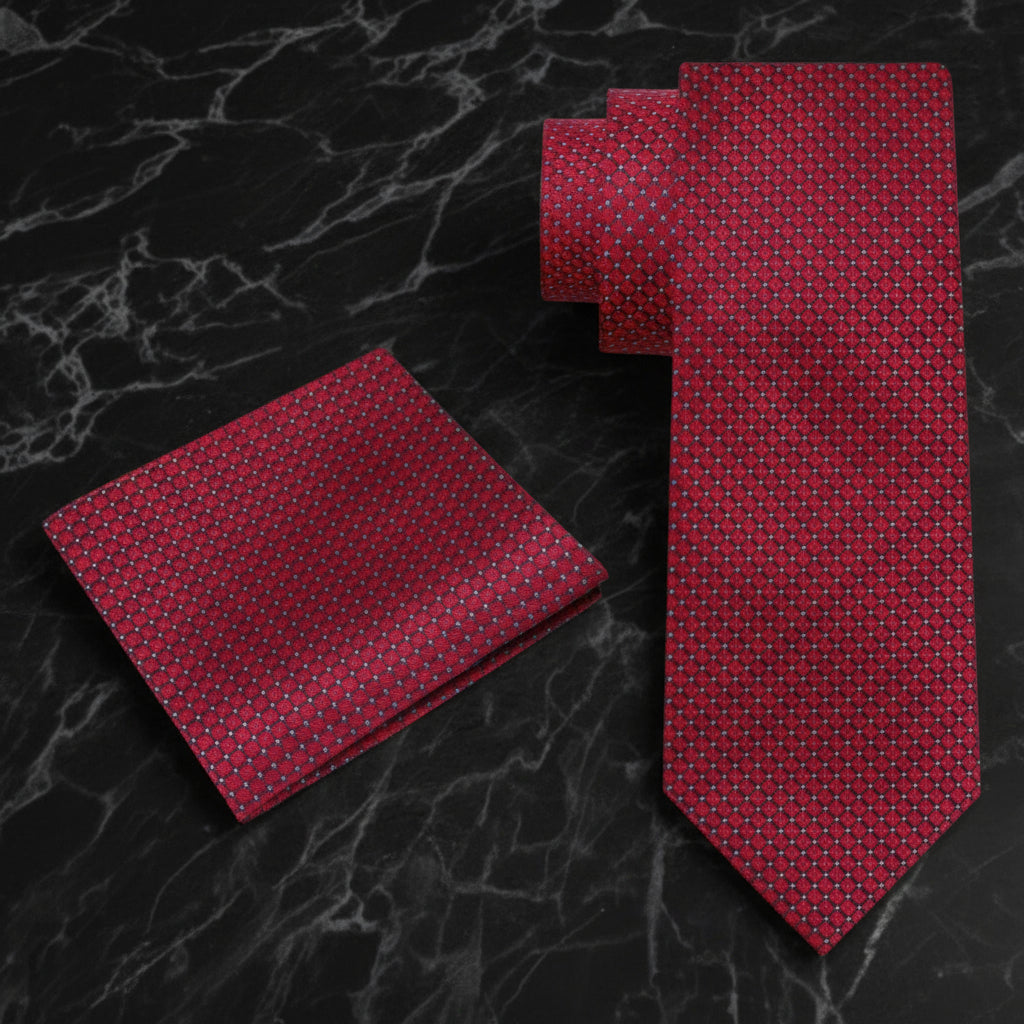 Alt View: Red Geometric Tie with Matching Pocket Square