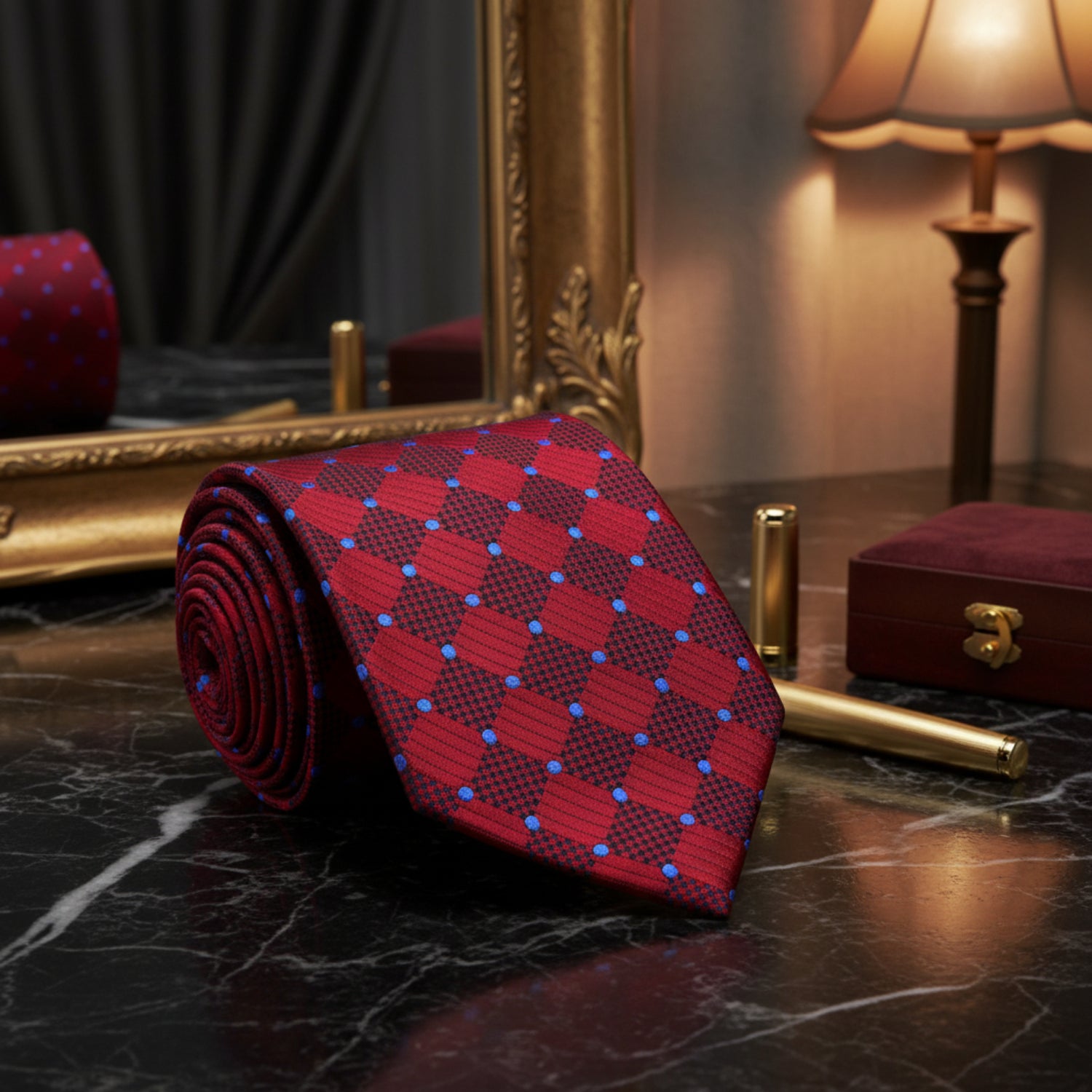 A Burgundy Geometric Pattern With Small Dark Blue Dots Necktie