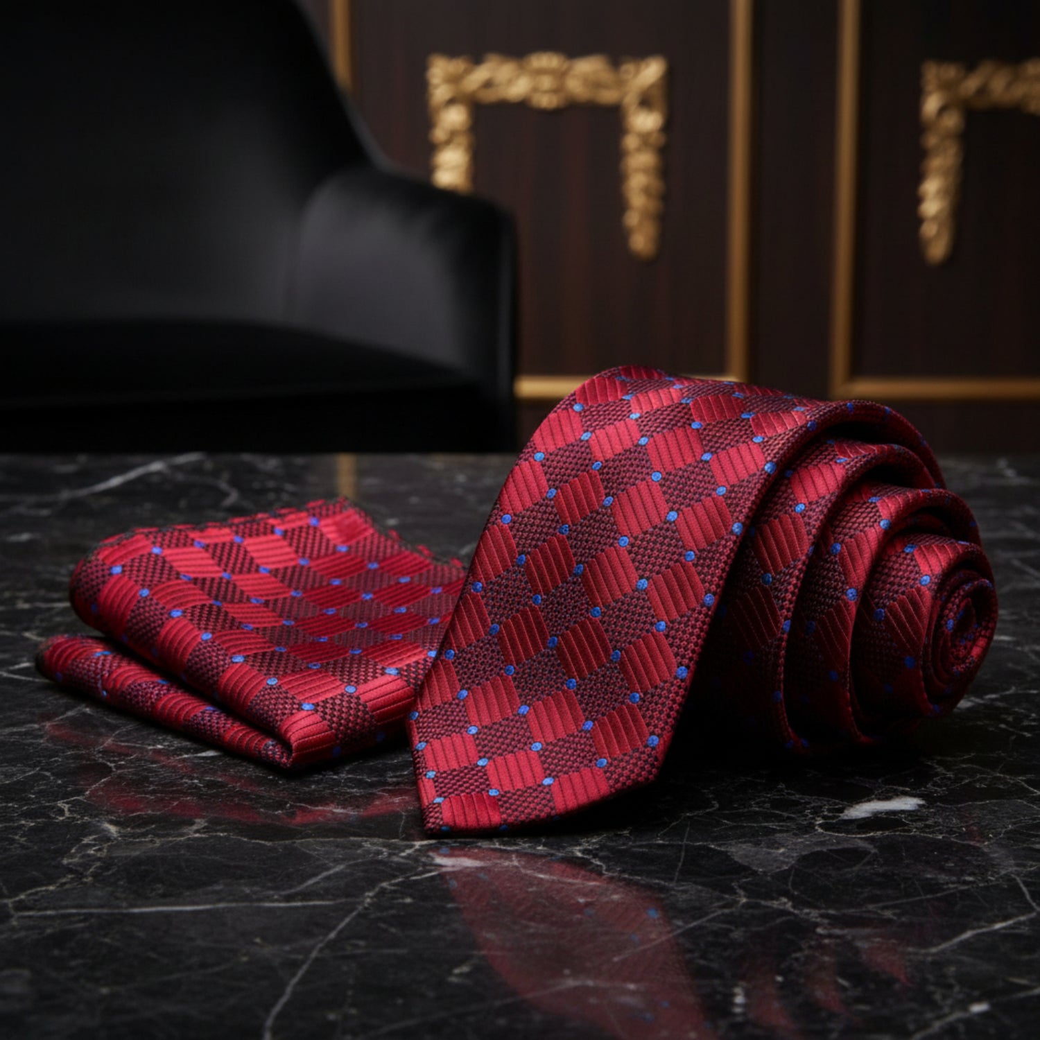 View 2: A Burgundy Geometric Pattern With Small Dark Blue Dots Necktie