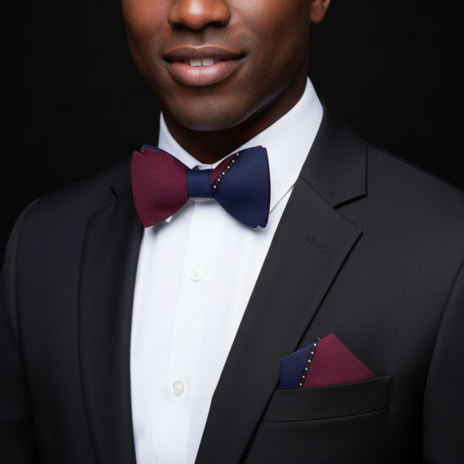 Blue, Burgundy Geometric Bow Tie and Pocket Square||Burgundy, Blue