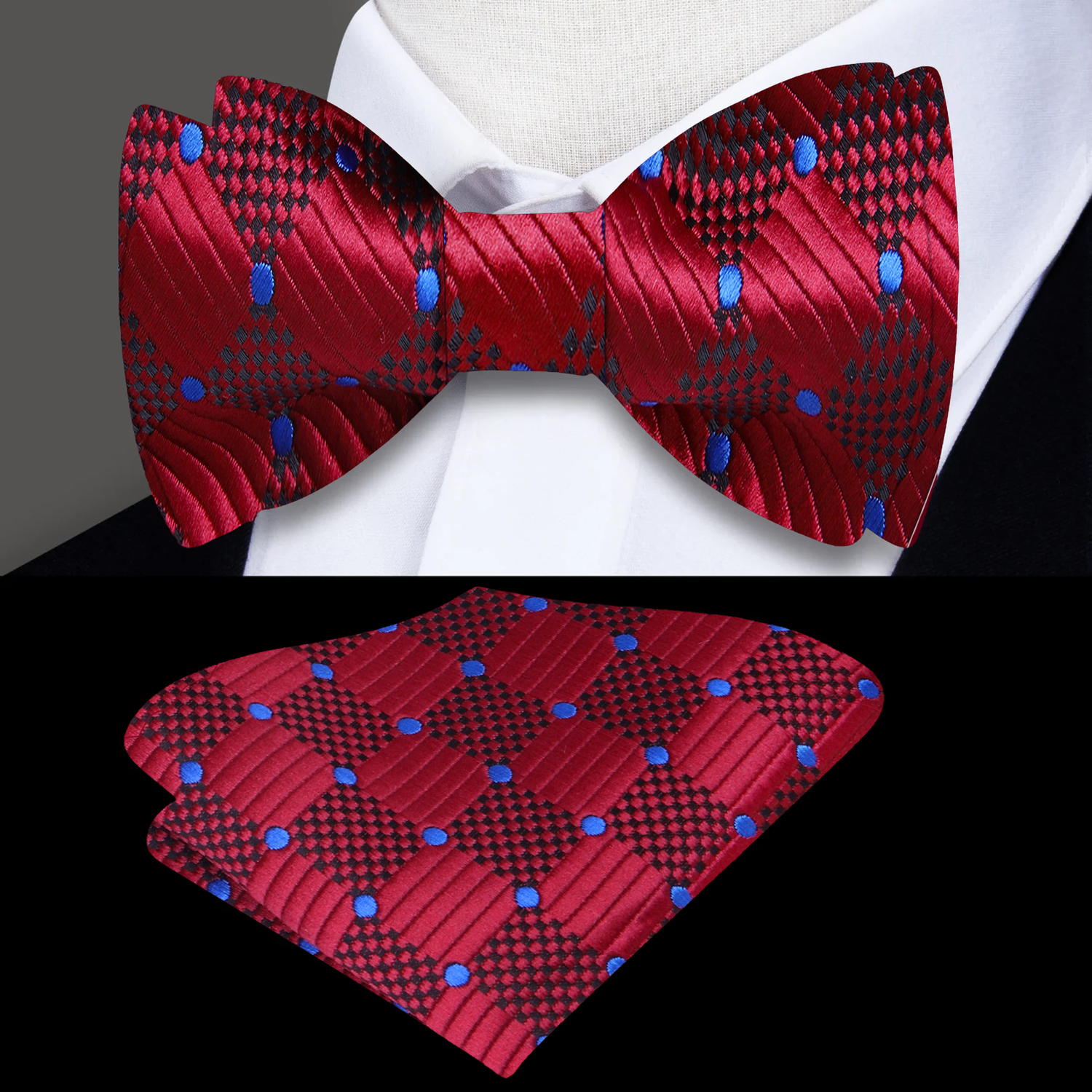 Burgundy, Blue Geometric Bow Tie and Square
