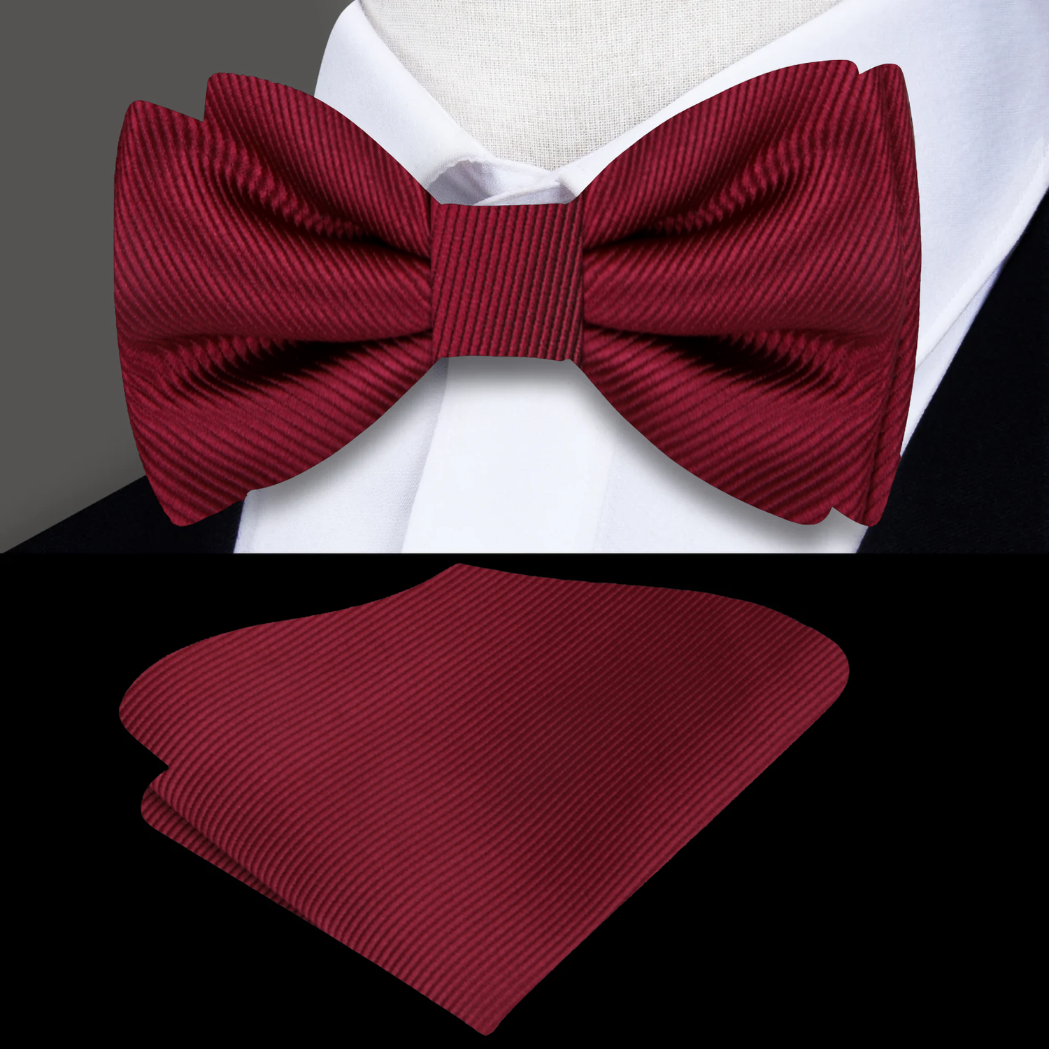 Main: Solid Burgundy Lines Bow Tie and Pocket Square