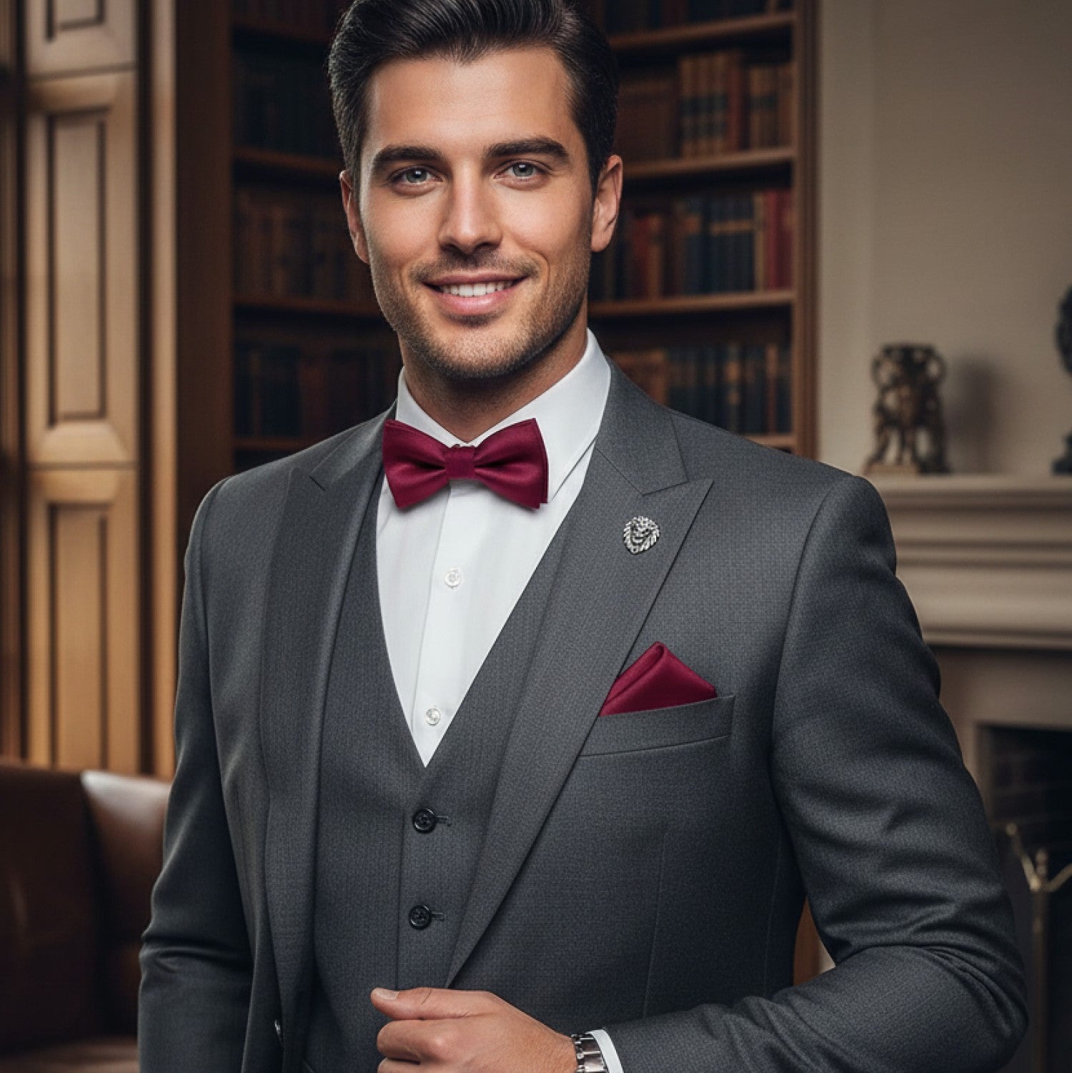 Man in a gray suit with a red bow tie and pocket square standing in a room with bookshelves.