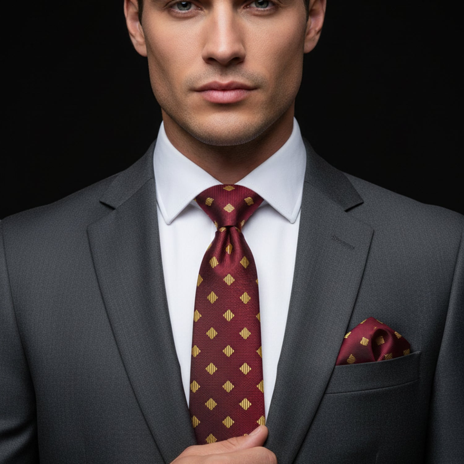 Man wearing burgundy and gold with a diamond pattern tie and matching square