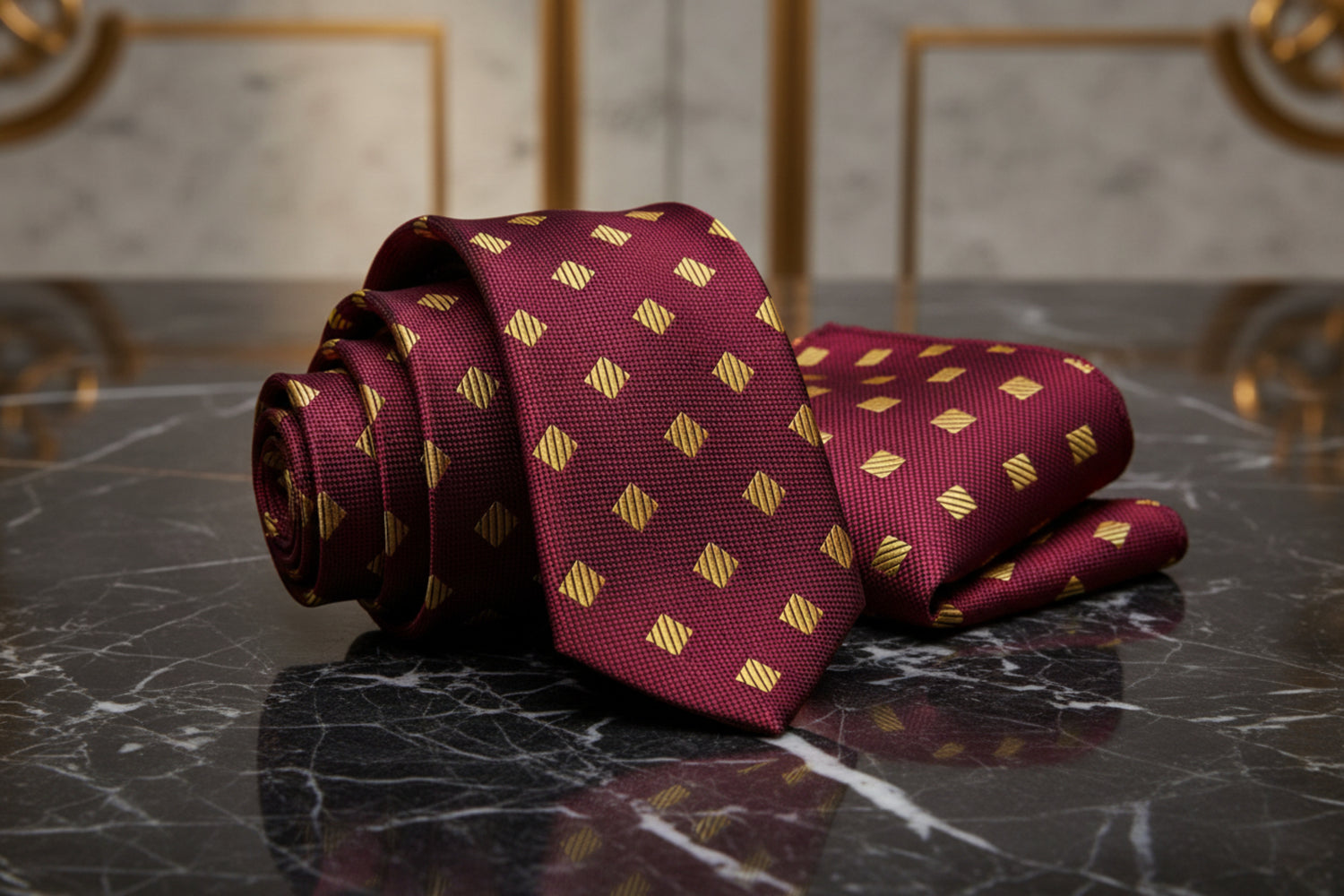 Alt: Burgundy Gold Geometric Diamonds Necktie and Square