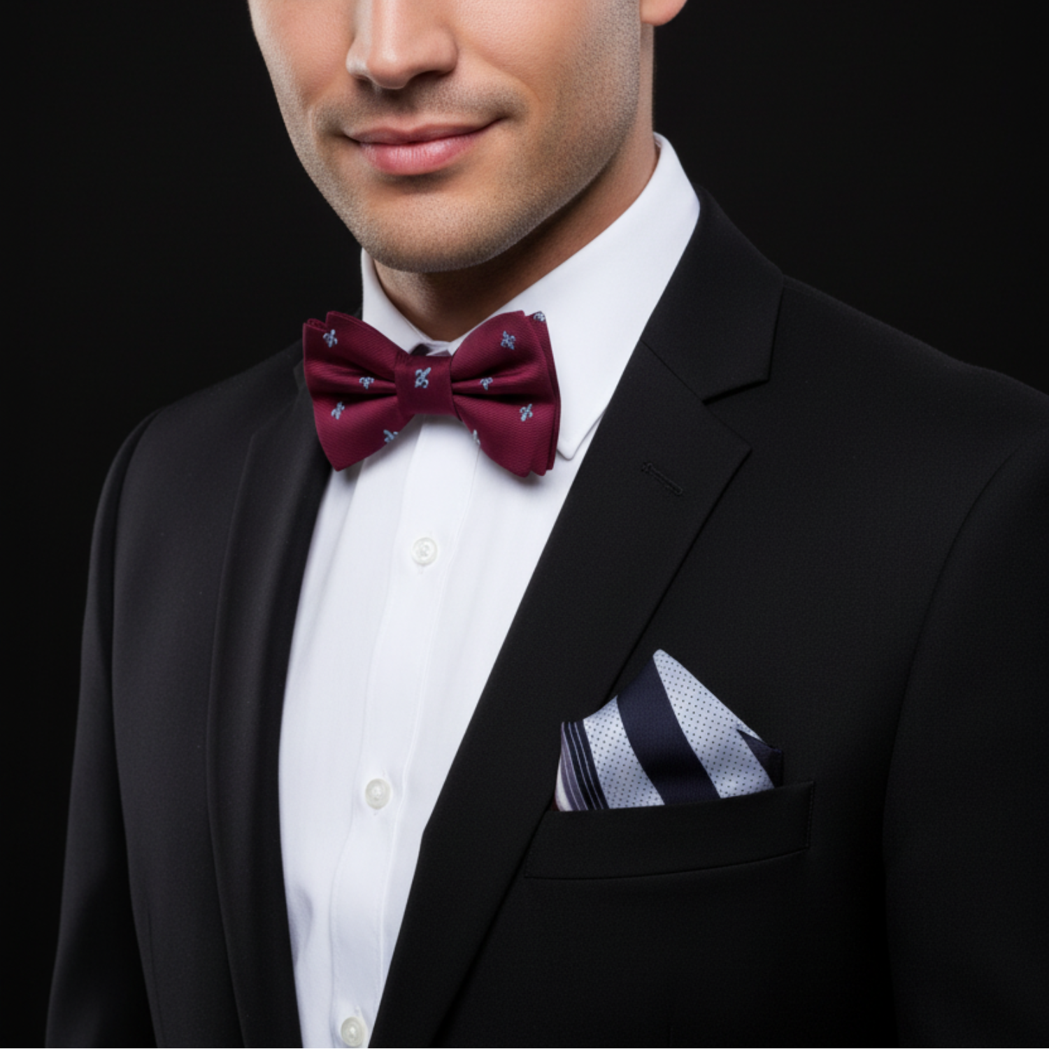 Man wearing a black suit with a white shirt, red bow tie, and patterned pocket square on a black background.