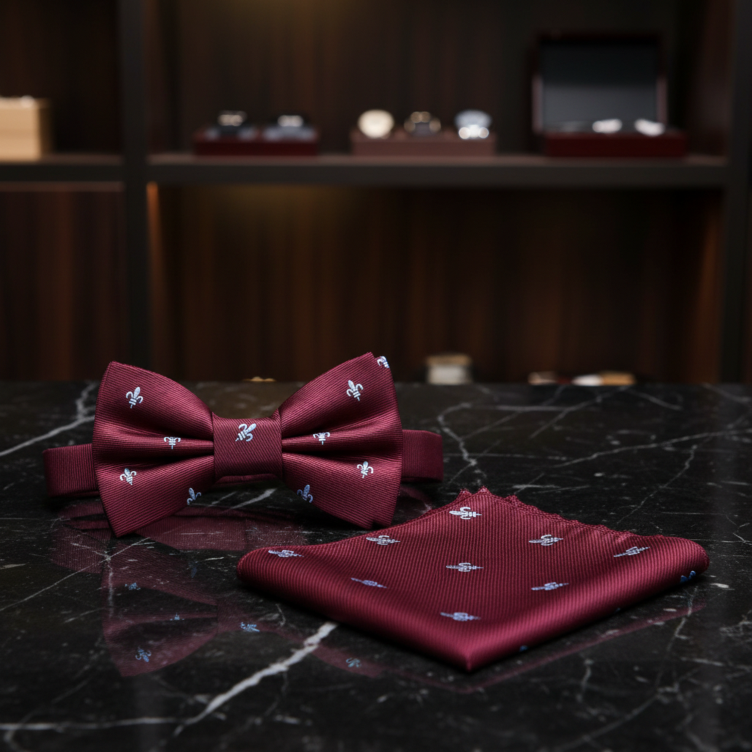 Burgundy, Grey Fleur-De-Lis Bow Tie and Square