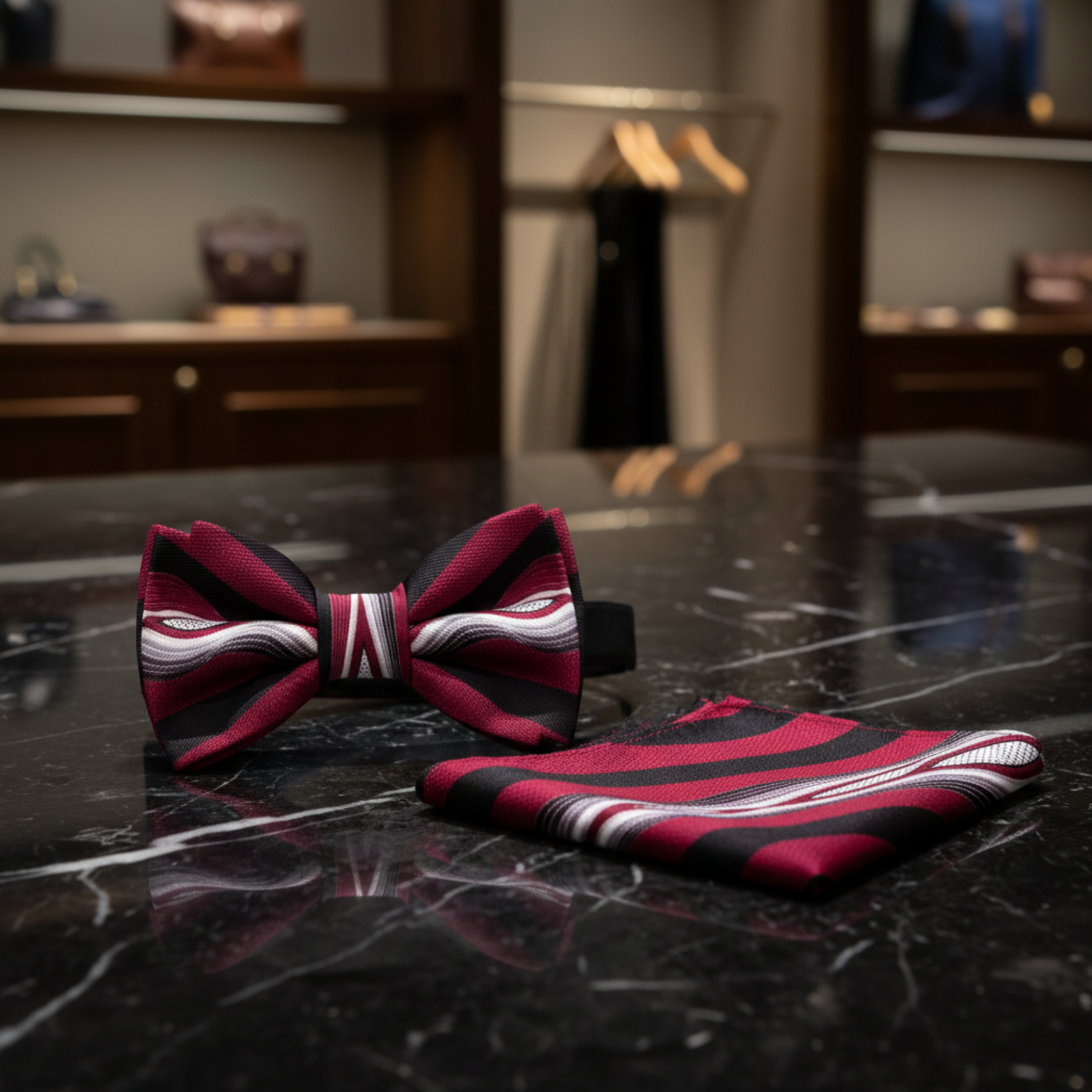 Main: A Dark Red, Black and Grey Wavy Abstract Bow Tie, Pocket Square||Red