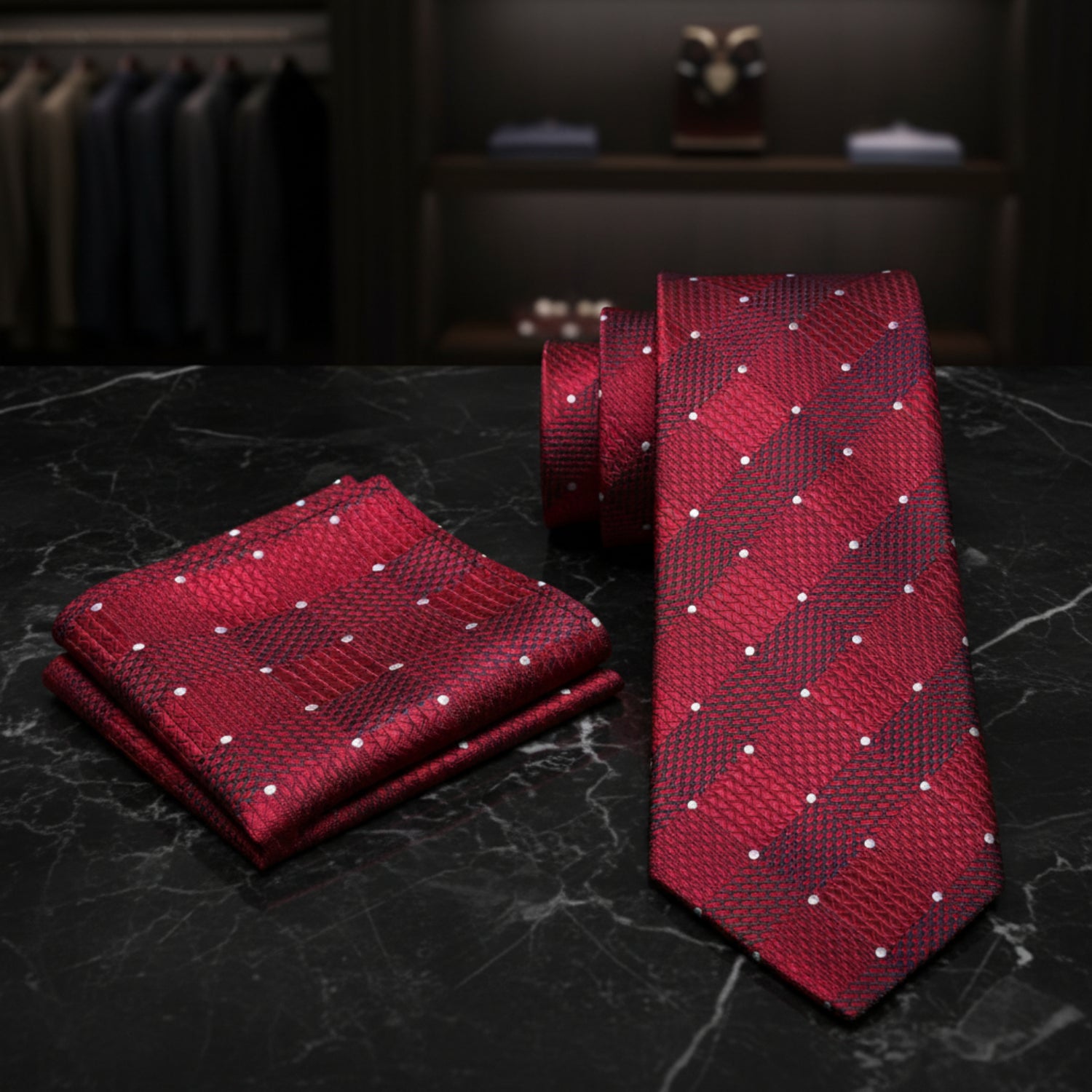 Red patterned tie and pocket square on a dark marble surface with a blurred interior background.