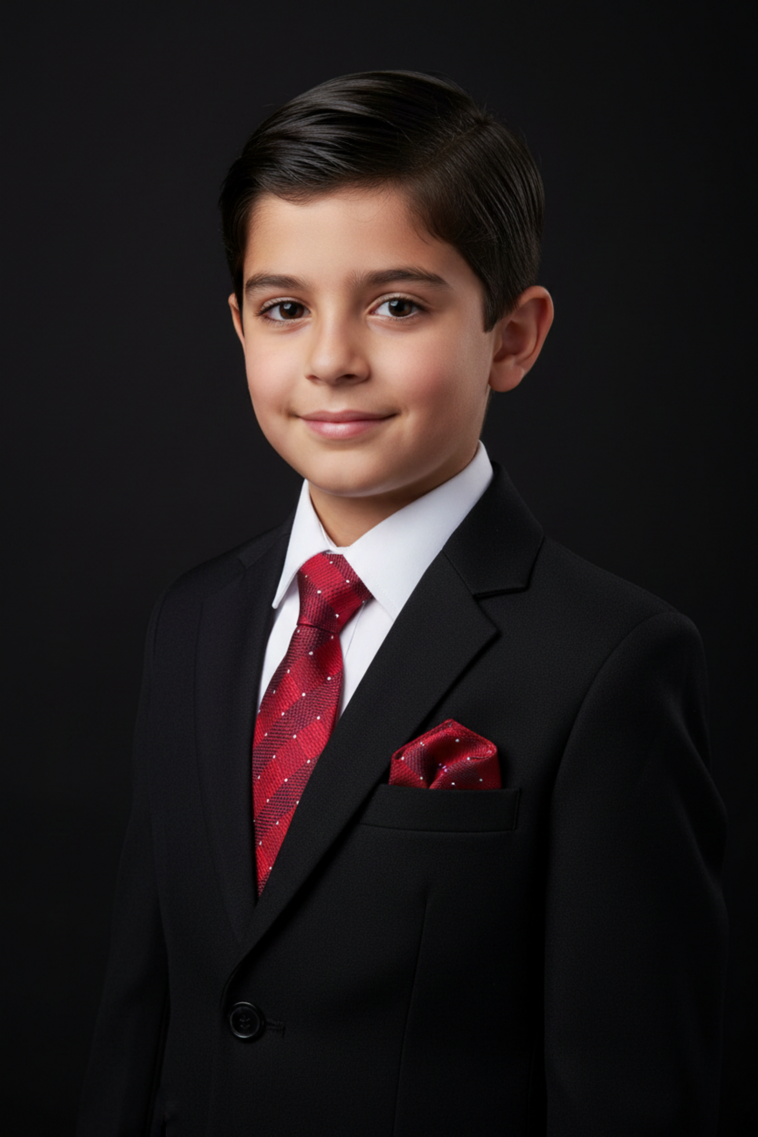Young boy in a black suit with a red tie and pocket square against a dark background