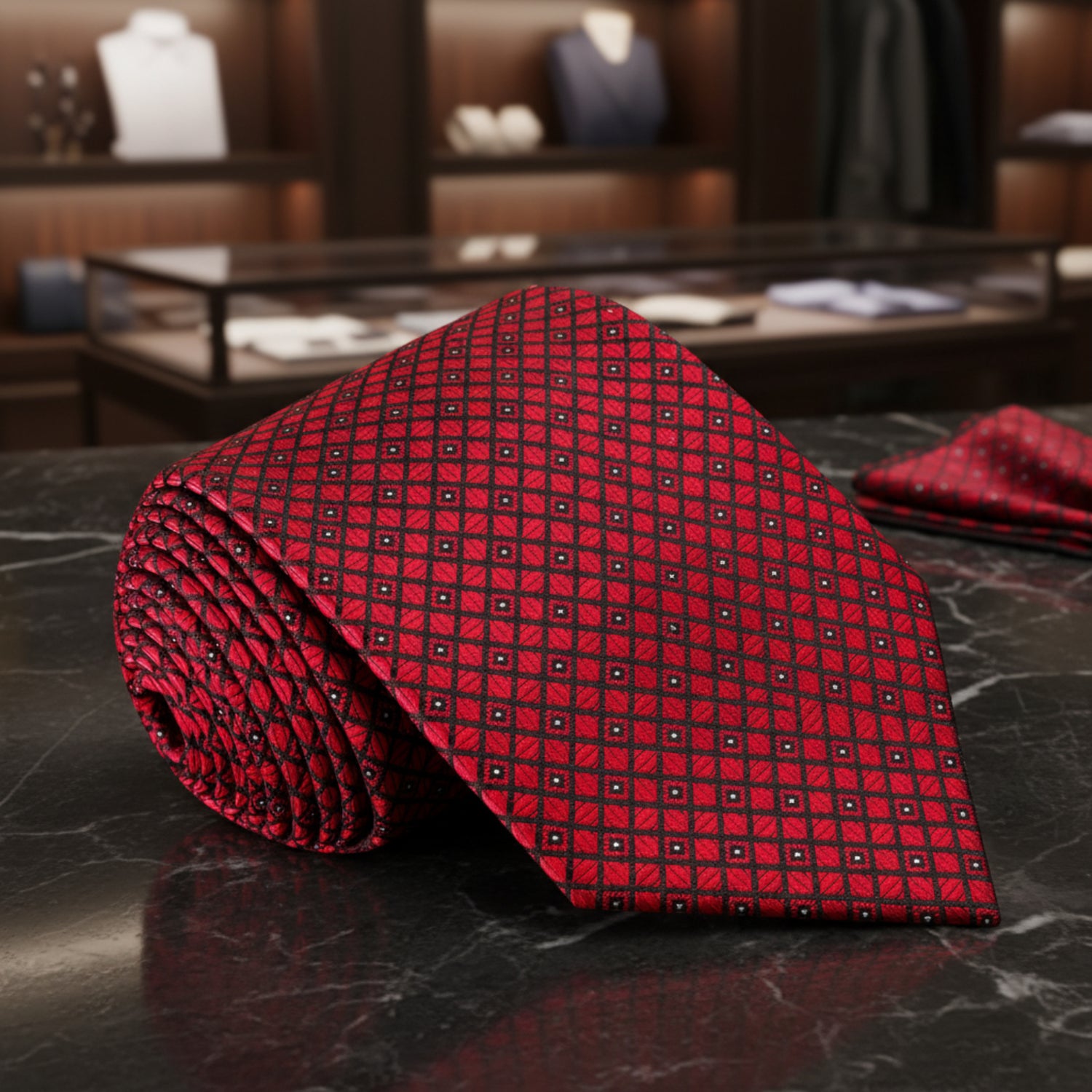 a burgundy geometric tie on black marble