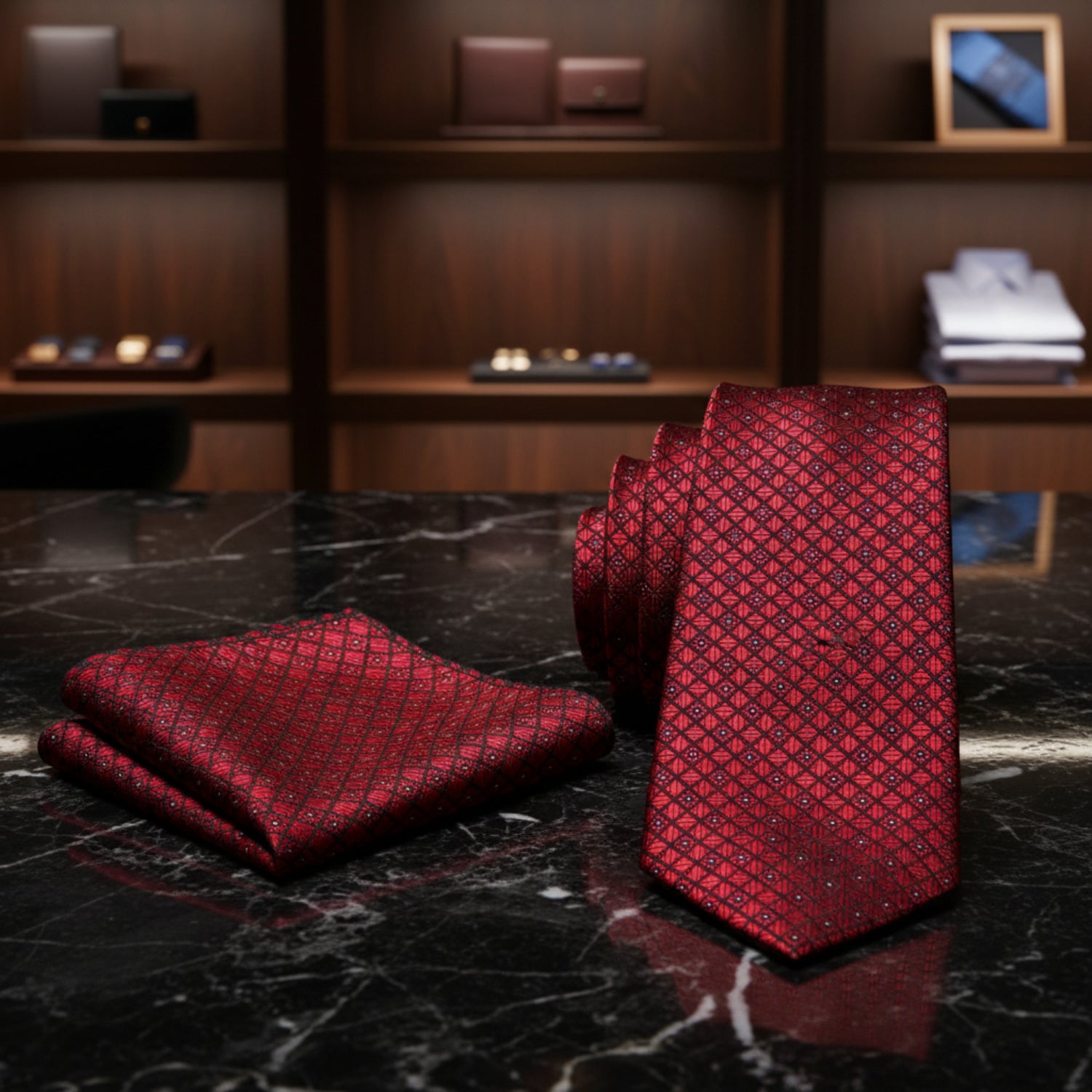 Alt View: Deep Red Geometric Tie and Matching Square
