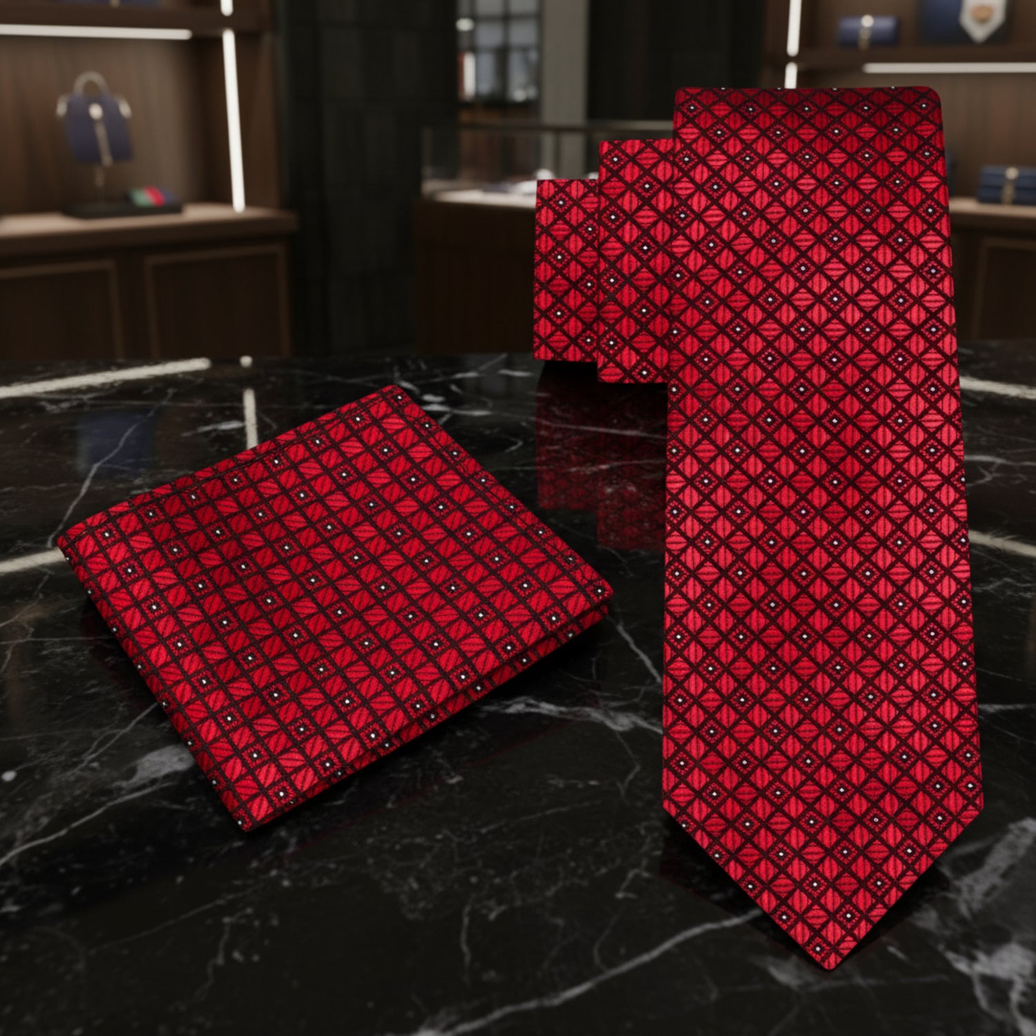 a burgundy small check tie and square