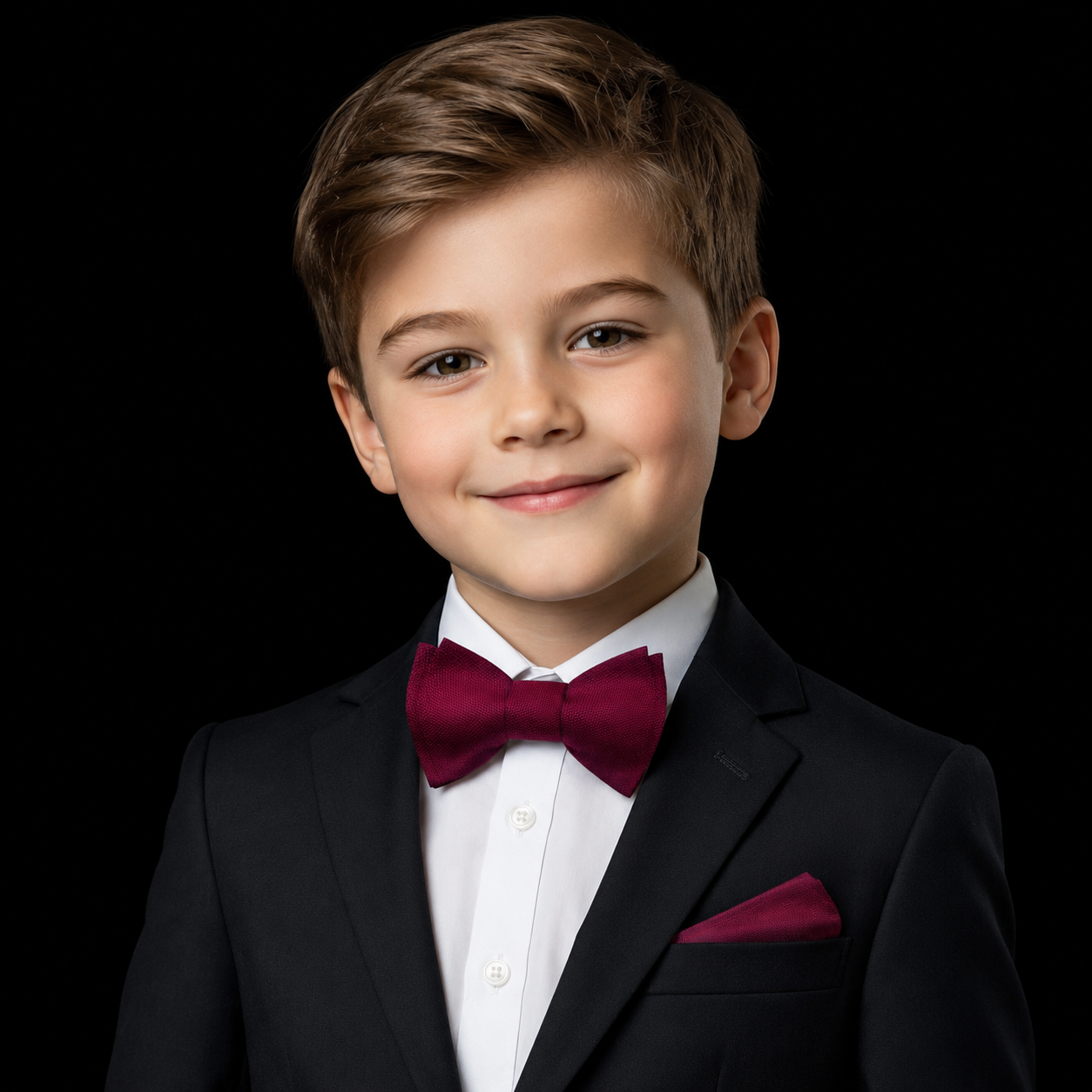 A young boy with light brown hair wearing a black formal suit, white dress shirt, and a deep burgundy bow tie with a matching pocket square, set against a solid black background.