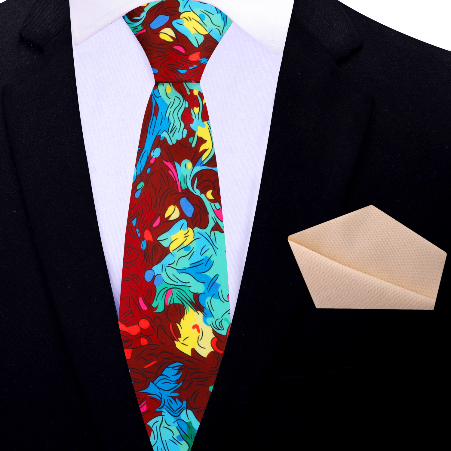 Colorful red, blue, green and blue tie with abstract design Thin tie with abstract design on a black suit jacket