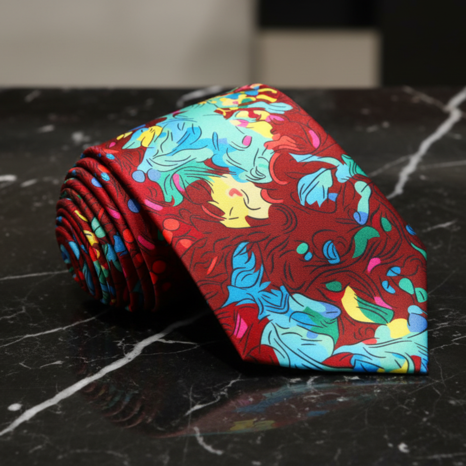 Colorful red, blue, green and blue tie with abstract design 