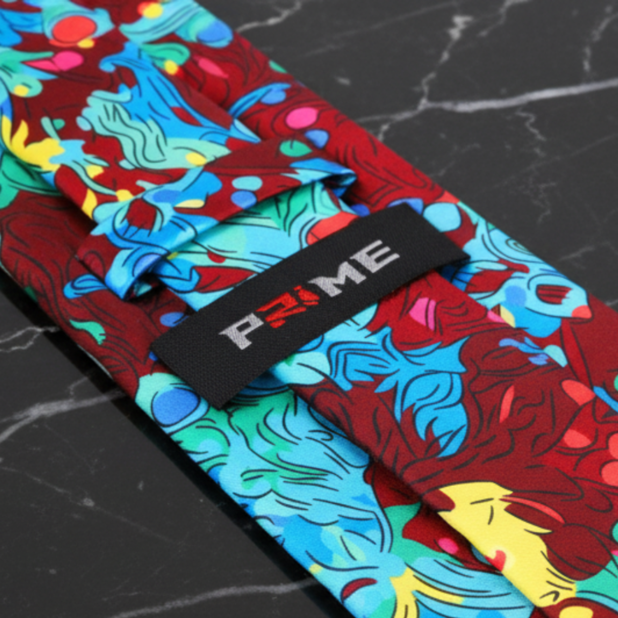 Colorful patterned product with a 'Prime' label on a marble background