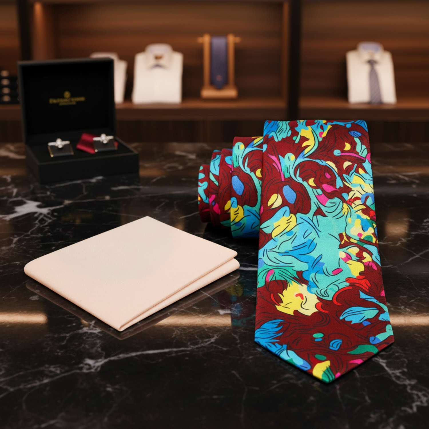 Colorful tie with abstract design next to a plain beige square on a marble surface
