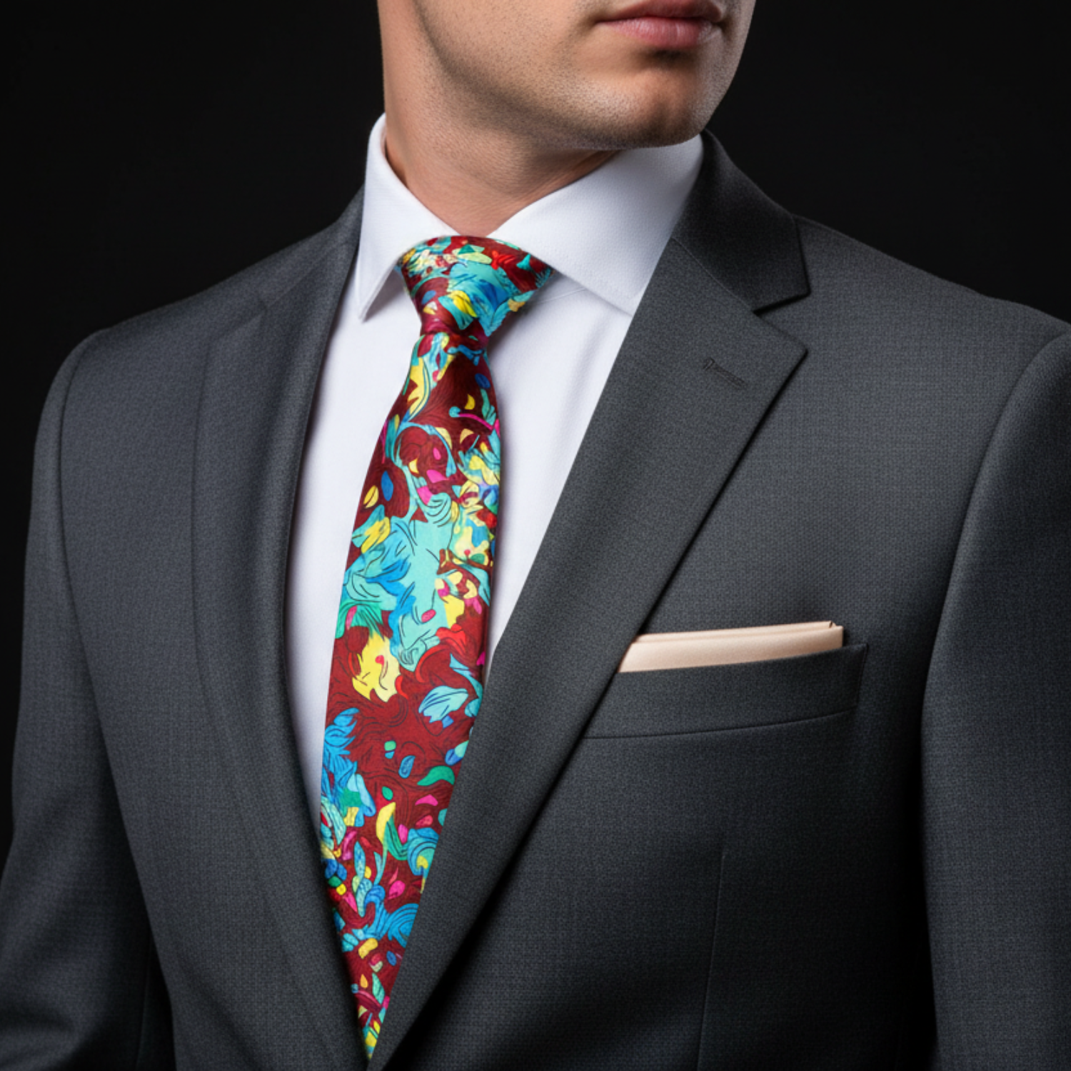 Man wearing a gray suit with a colorful tie and white shirt on a black background