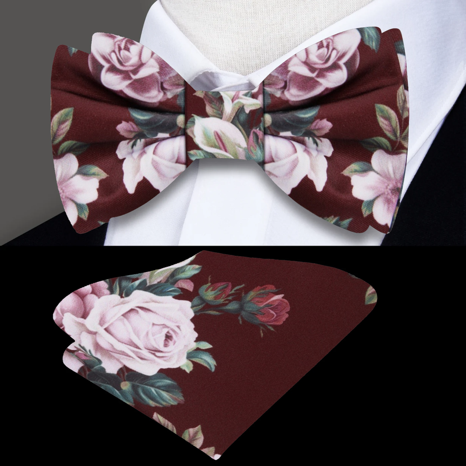 Main: Cabernet with Dusty Mauve Floral Bow Tie and Pocket Square