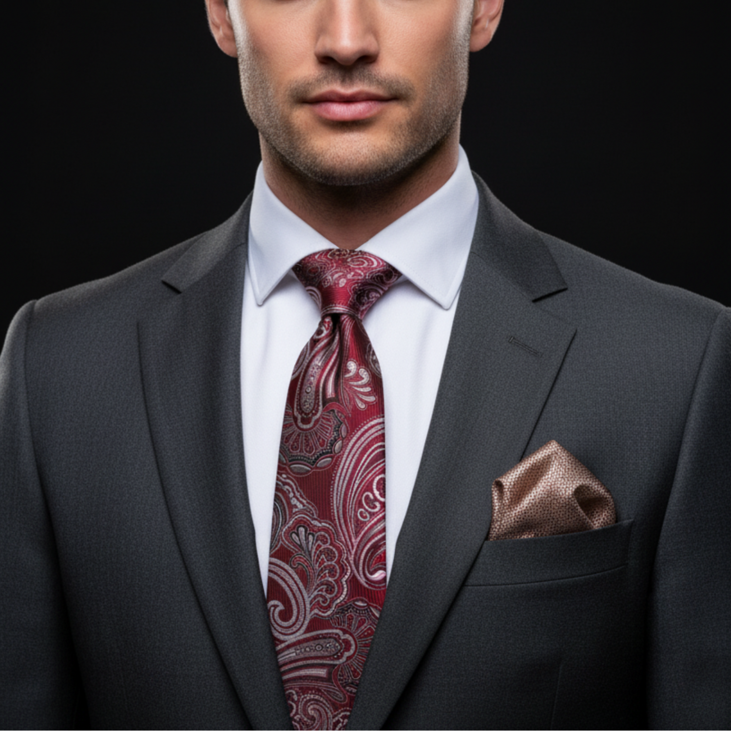 Man wearing a gray suit with a red paisley tie and matching pocket square on a black background
