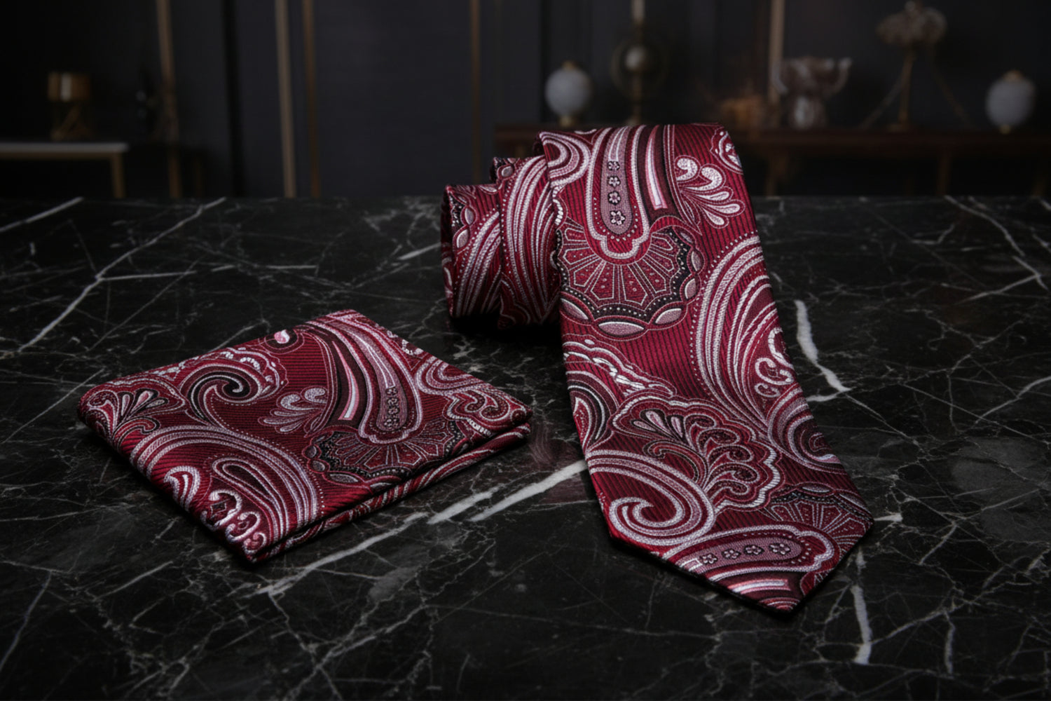 Red paisley tie and pocket square set 